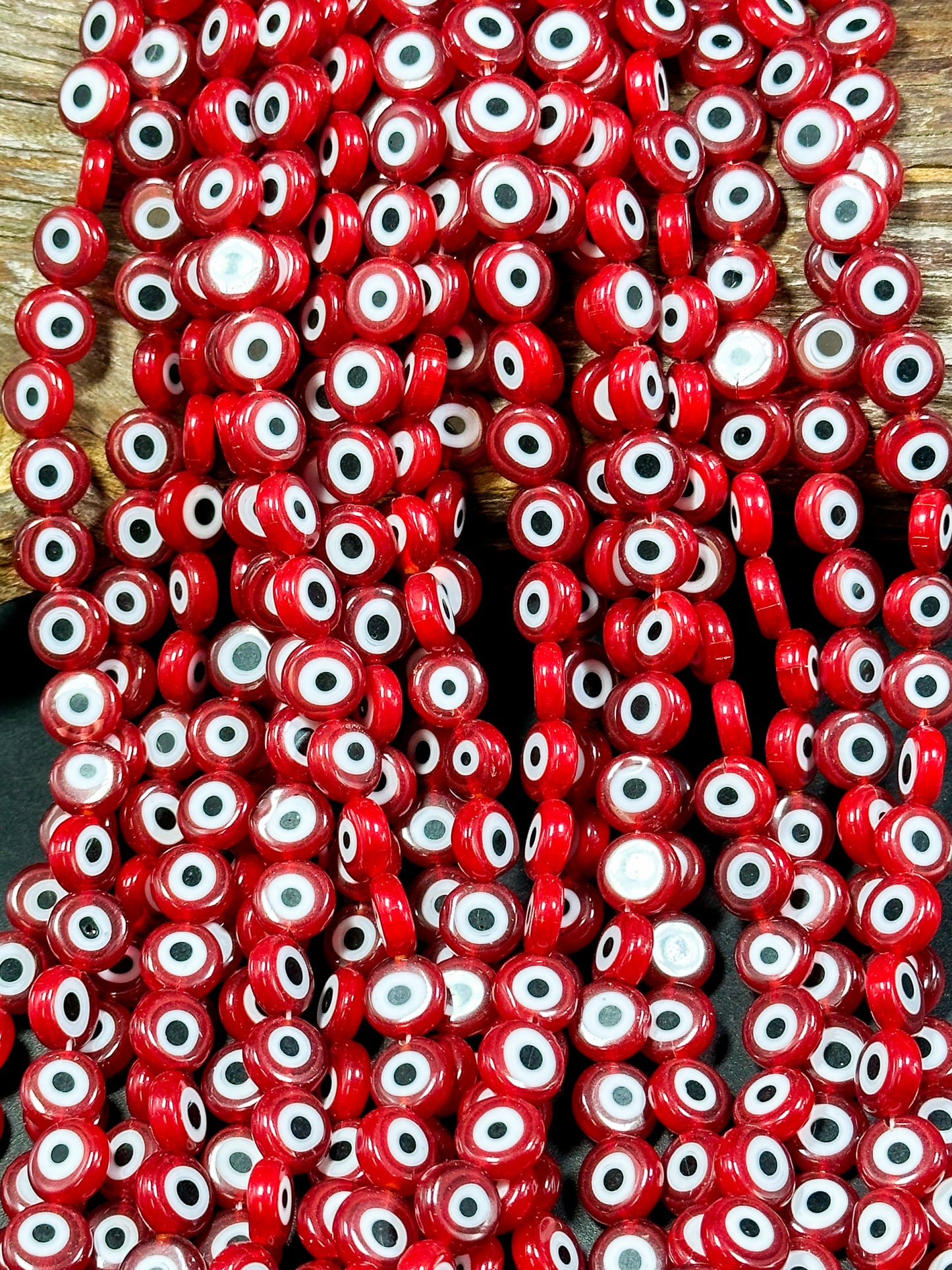 Beautiful Evil Eye Glass Beads 8mm 10mm Flat Coin Shape, Beautiful Dark Red Color Evil Eye Glass Beads, Religious Amulet Prayer Beads