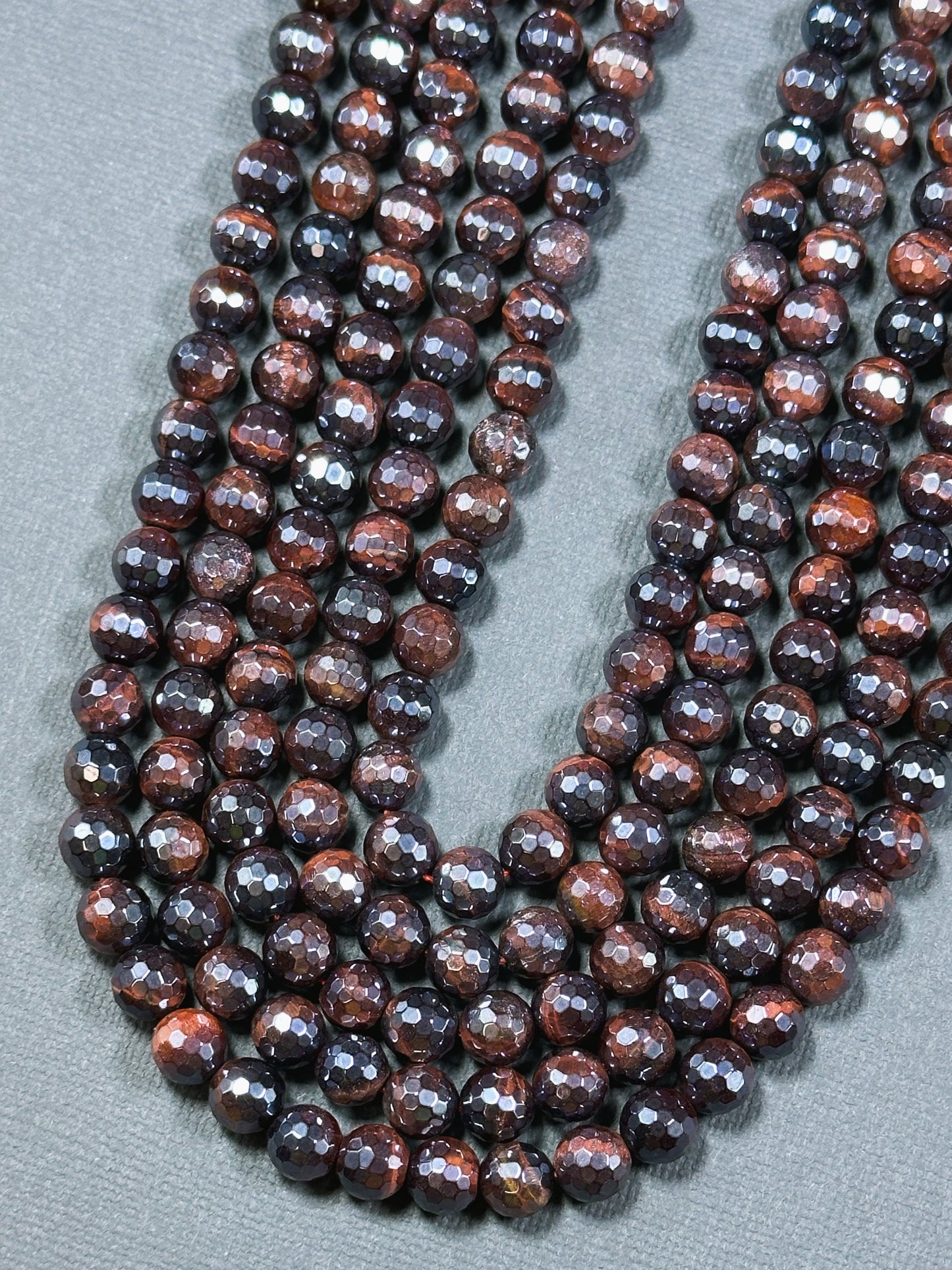 Mystic Natural Tiger Eye Gemstone Bead Faceted 8mm Round Bead, Beautiful Dark Red Brown Color Mystic Tiger Eye Stone Bead Full Strand 15.5"