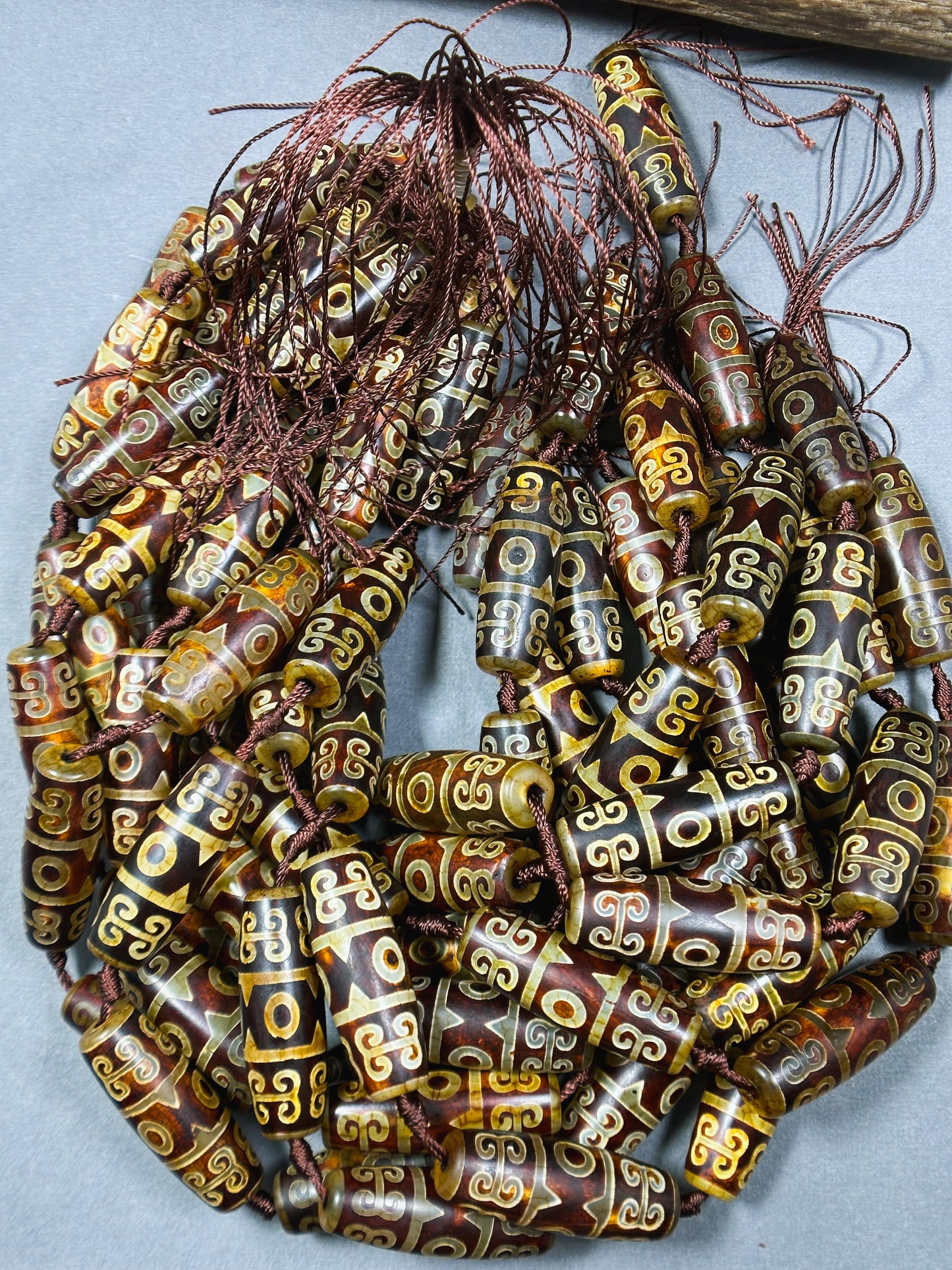 Natural Tibetan Gemstone Bead 39x13mm Barrel Shape Bead, Beautiful Brown Hand Painted Design Tibetan Beads, Great Quality Full Strand 15.5"