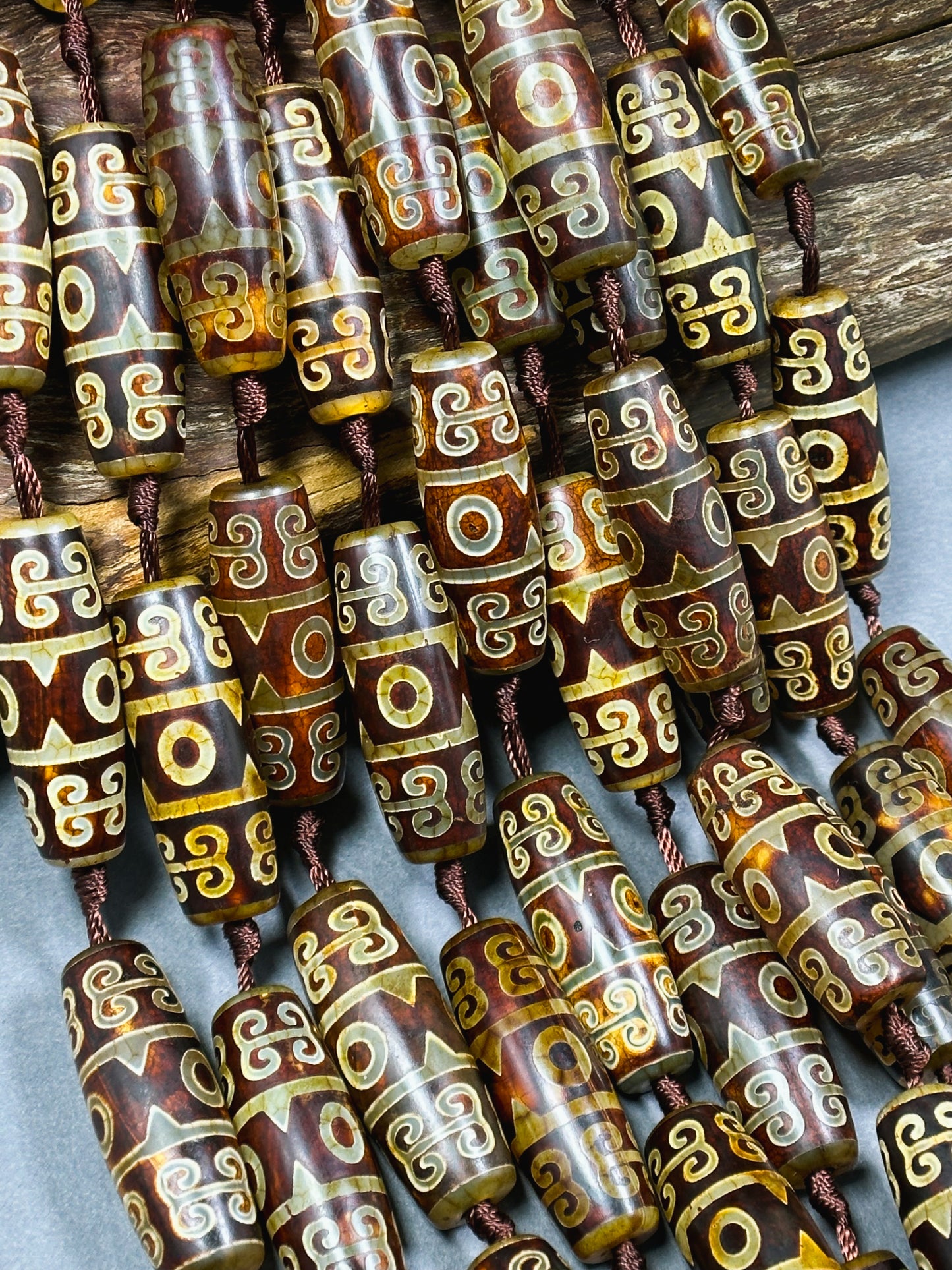 Natural Tibetan Gemstone Bead 39x13mm Barrel Shape Bead, Beautiful Brown Hand Painted Design Tibetan Beads, Great Quality Full Strand 15.5"