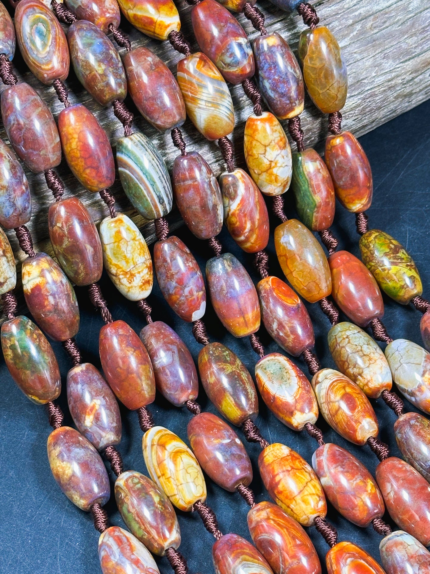 NATURAL Tibetan Agate Gemstone Bead 24x13mm Barrel Shape, Gorgeous Multicolor Orange Brown Color Tibetan Gemstone Bead Excellent Quality