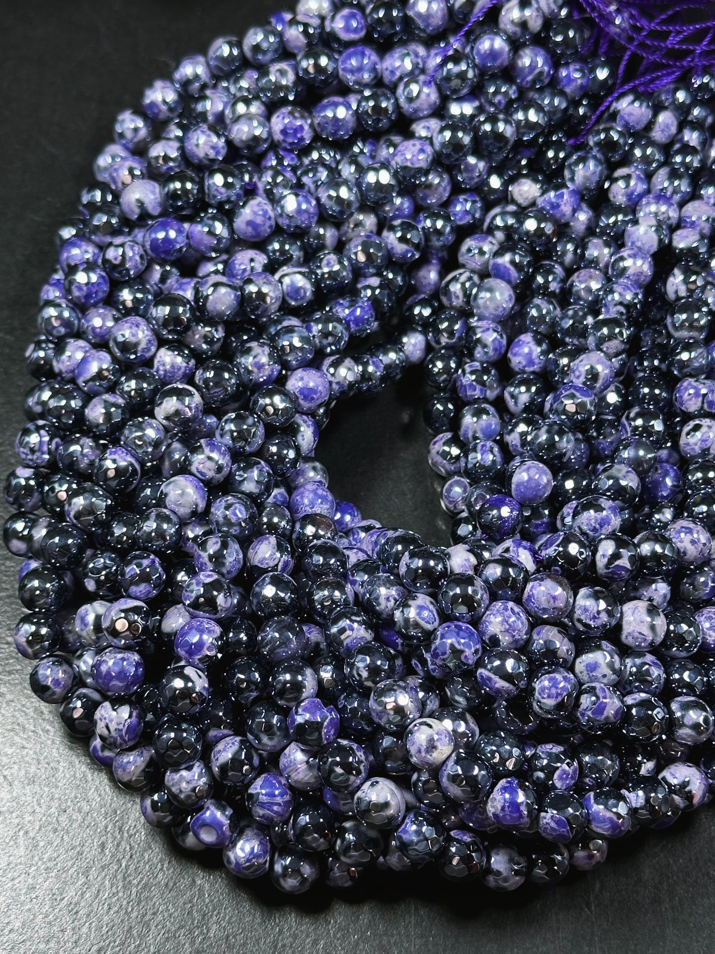 Mystic Natural Tibetan Agate Gemstone Bead Faceted 8mm 10mm Round Beads, Beautiful Mystic Purple Black Agate Stone Beads, Full Strand 15.5"