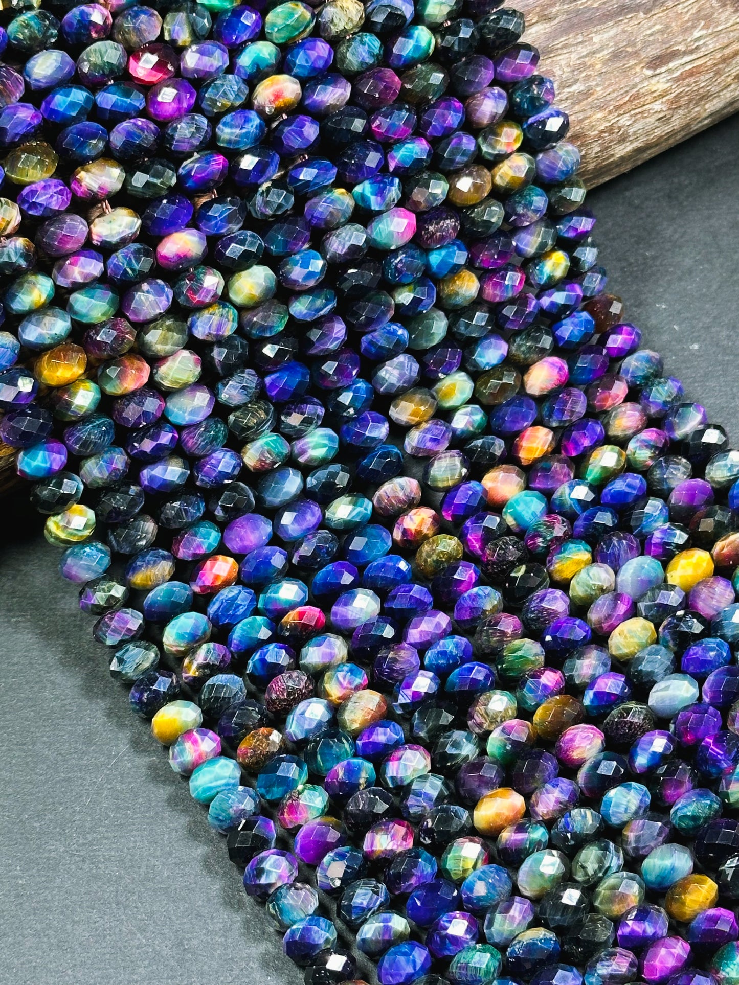 Beautiful Galaxy Tiger Eye Gemstone Bead Faceted 8x5mm Rondelle Shape, Gorgeous Rainbow Multicolor Galaxy Tiger Eye Beads Full Strand 15.5"