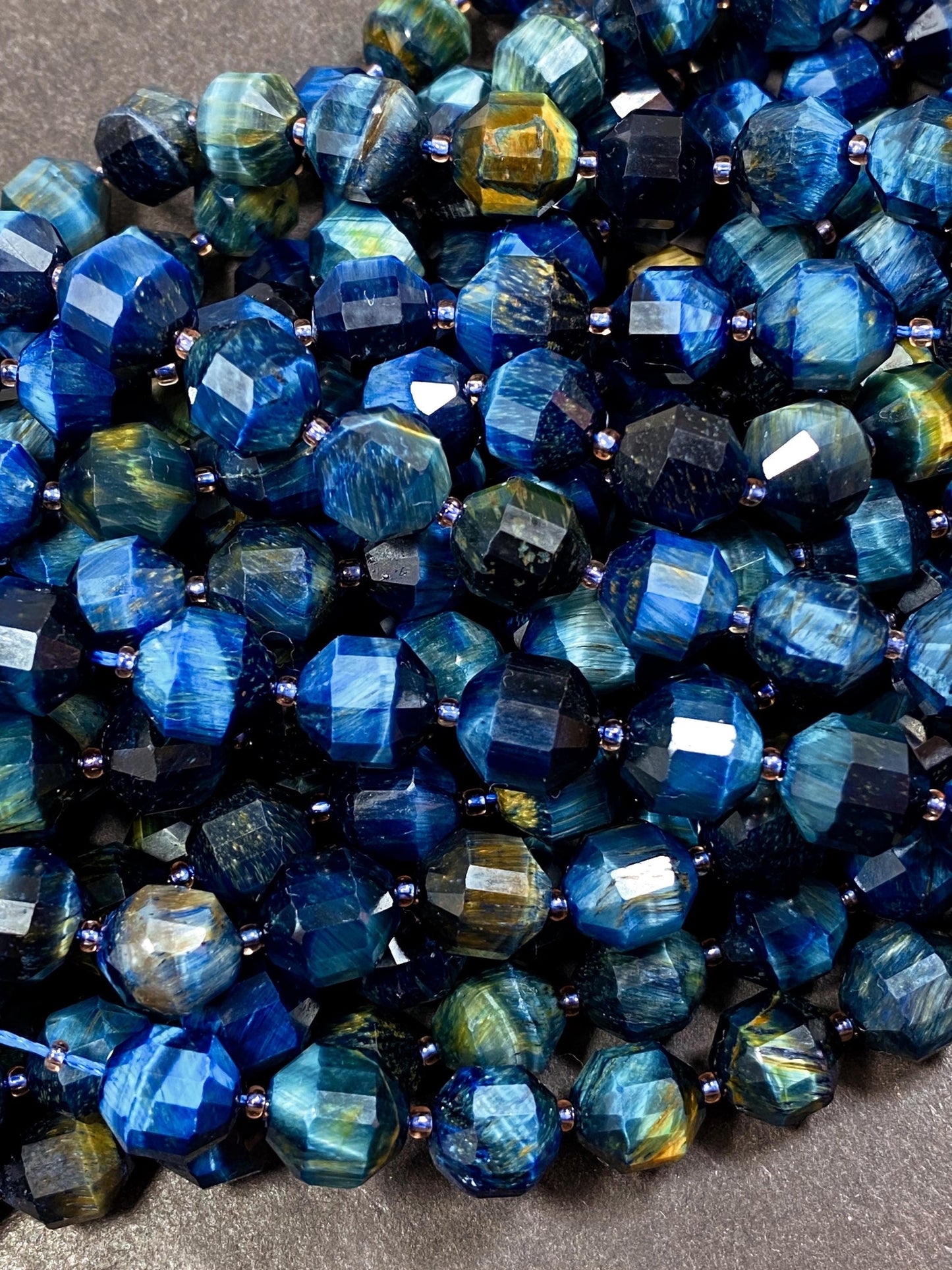 Natural blue tiger eye stone bead. Faceted 8mm diamond shape bead. Gorgeous natural navy blue tiger eye gemstone bead. Full strand 15.5
