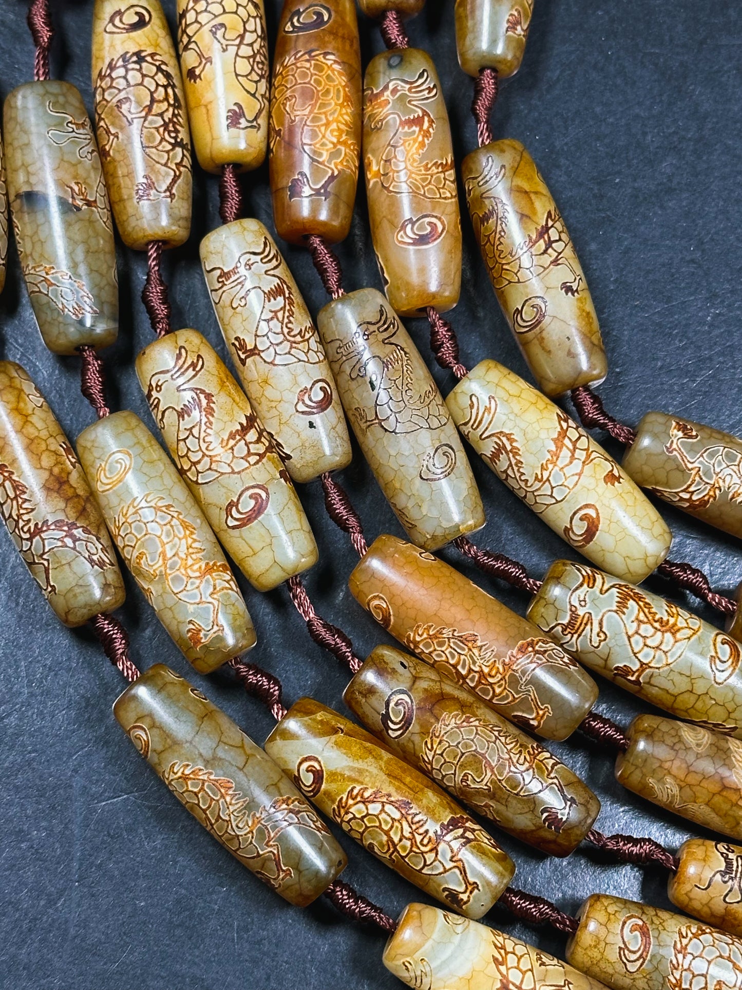 Natural Hand Carved Tibetan Gemstone Bead 40x13mm Barrel Shape Bead, Beautiful Unique Hand Carved Dragon Design Tibetan Agate, 15.5" Strand