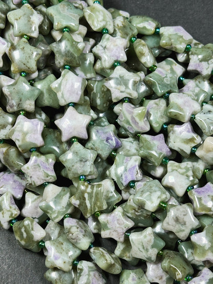 Natural Green Flower Agate Gemstone Bead 15mm Star Shape, Gorgeous Green Purple Beige Flower Agate Beads, Great Quality Full Strand 15.5"