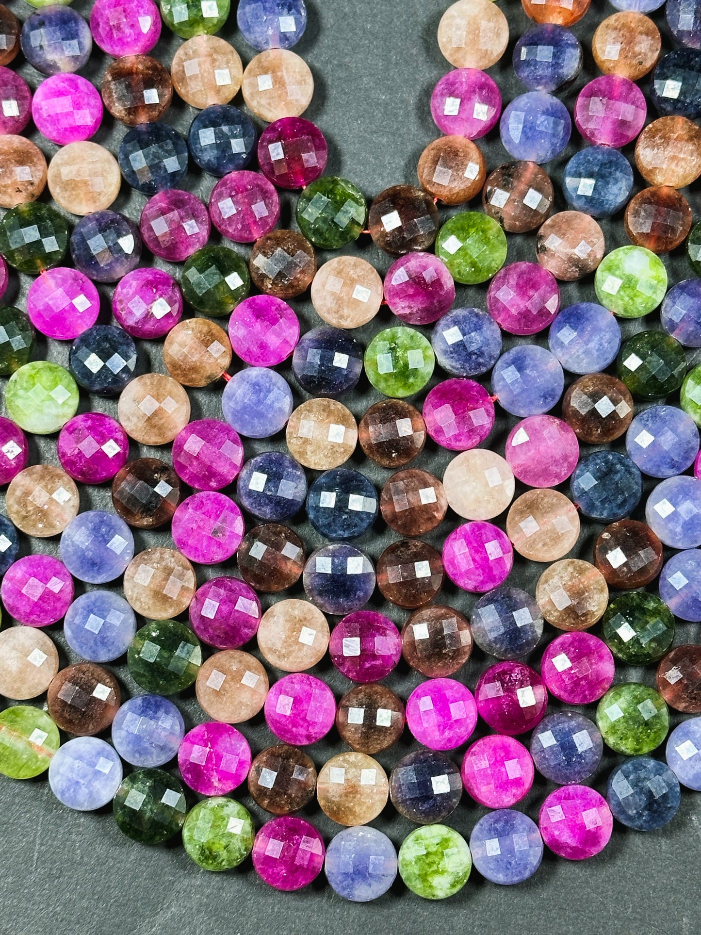 Natural Tourmaline Quartz Gemstone Bead Faceted 6mm 8mm 10mm Coin Shape, Beautiful Multicolor Tourmaline Beads, Excellent Quality Full Strand 15.5"