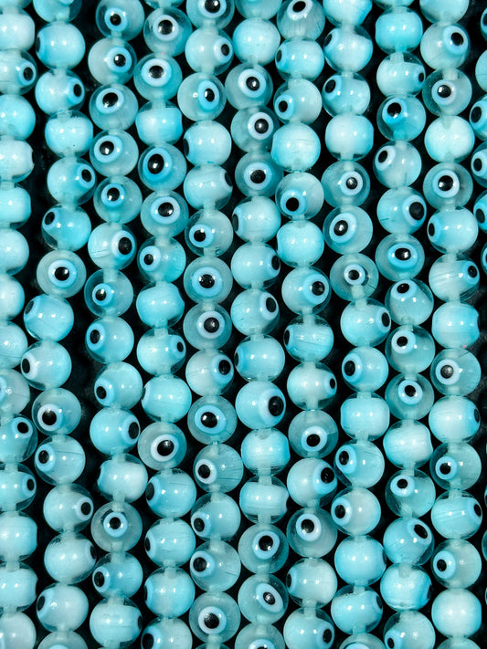 Beautiful Aqua Blue Evil Eye Glass Beads 8mm Round Beads, Beautiful Aqua Blue Clear Evil Eye Amulet Glass Beads, Full Strand Glass Beads