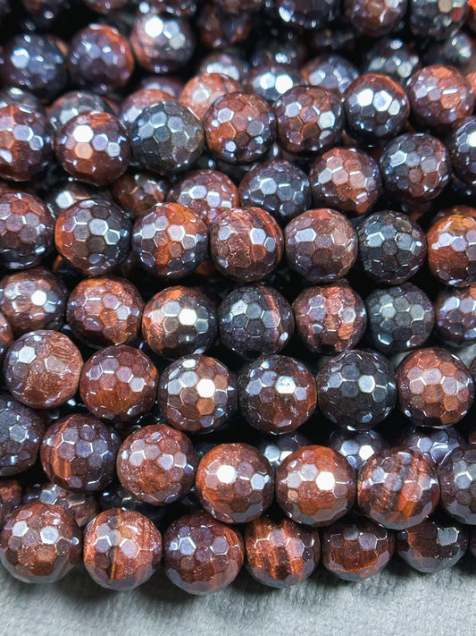 Mystic Natural Tiger Eye Gemstone Bead Faceted 8mm Round Bead, Beautiful Dark Red Brown Color Mystic Tiger Eye Stone Bead Full Strand 15.5"