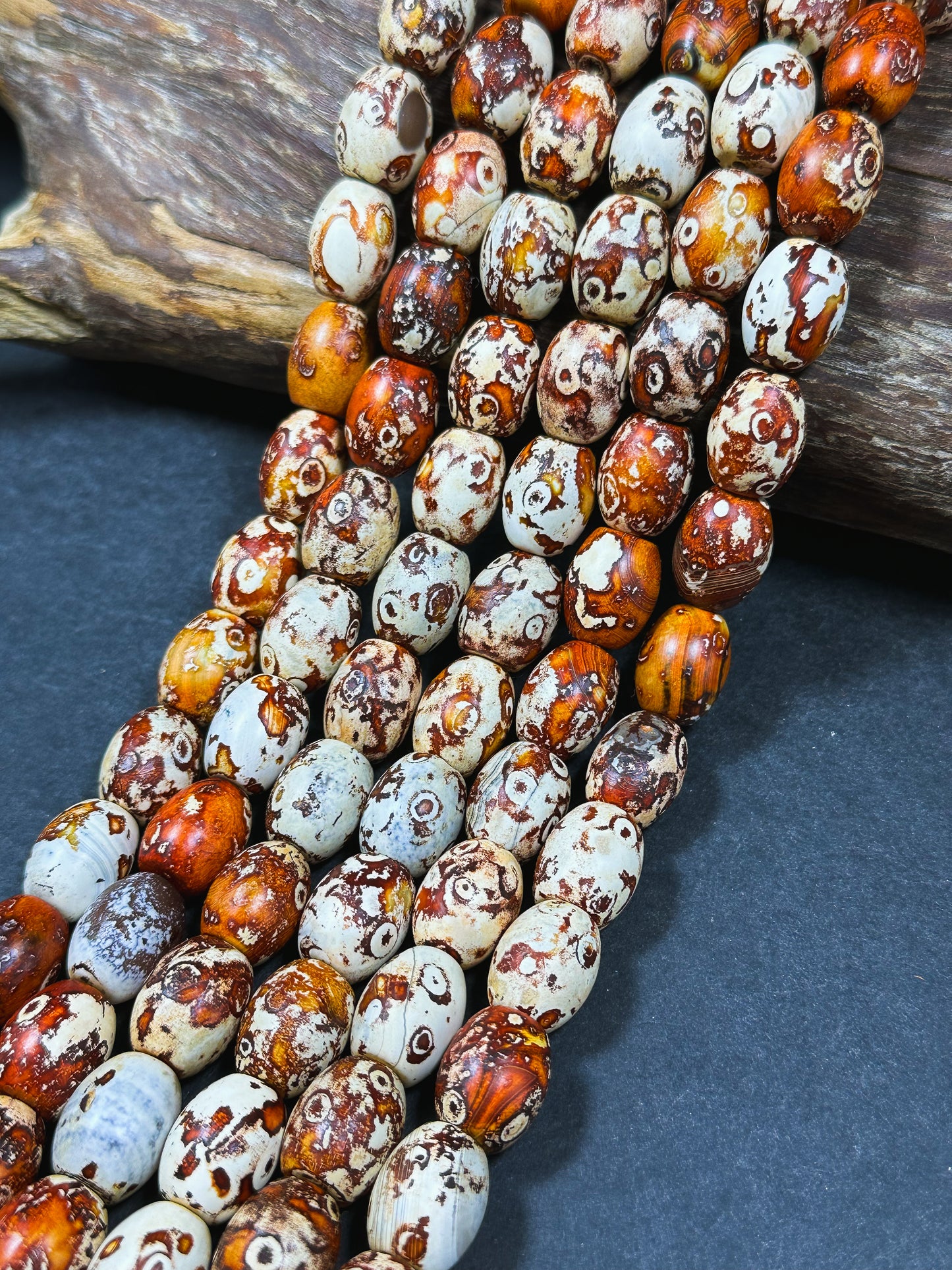 AAA Natural Tibetan Gemstone Bead 12x16mm Barrel Shape, Beautiful Orange Brown Hand Painted Tibetan Stone Bead, Excellent Quality 14" Strand
