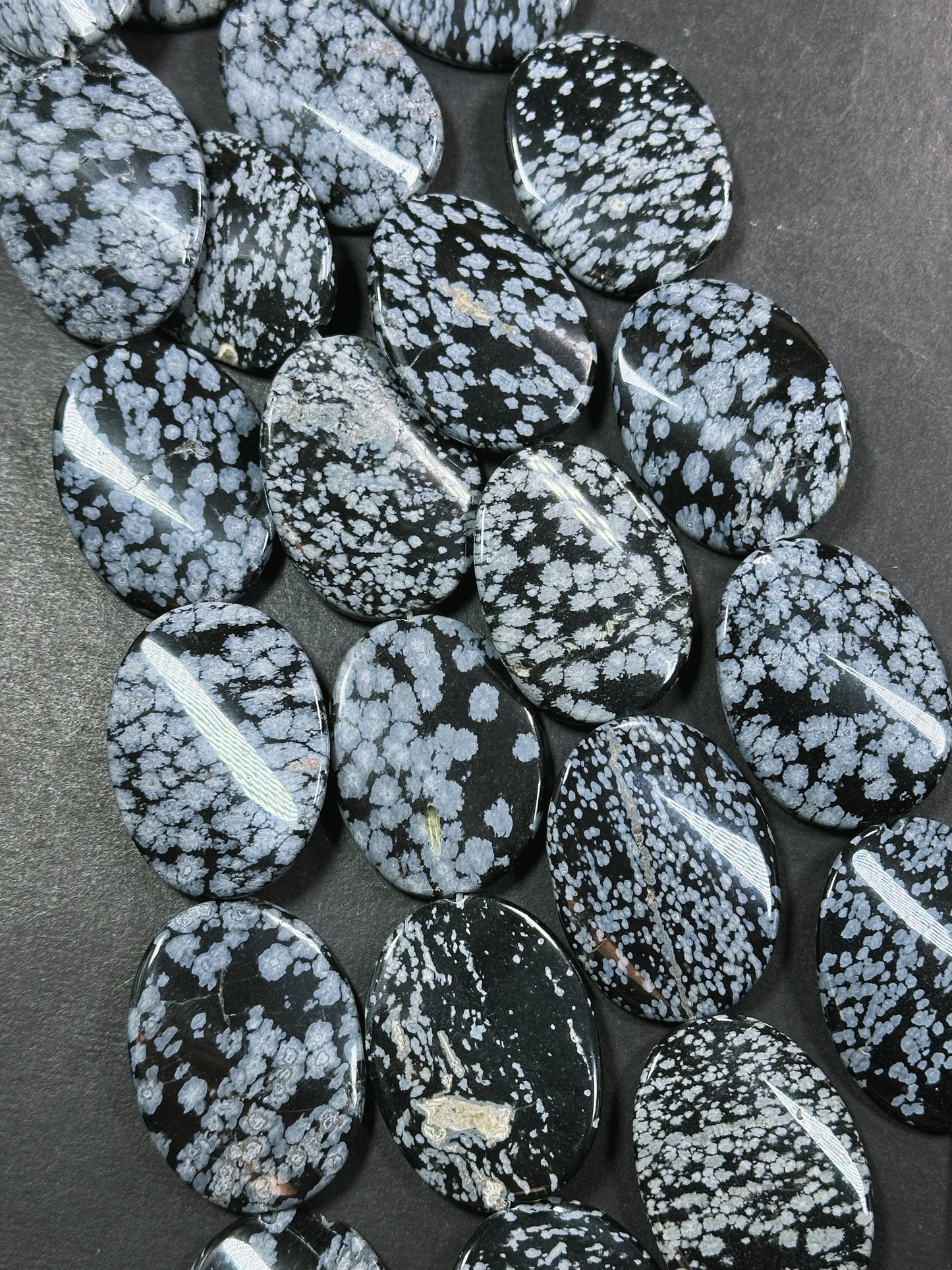 Natural Snowflake Obsidian Gemstone Bead 39x30mm Curved Oval Shape, Natural Black Gray Color Snowflake Obsidian Beads, Full Strand 15.5"