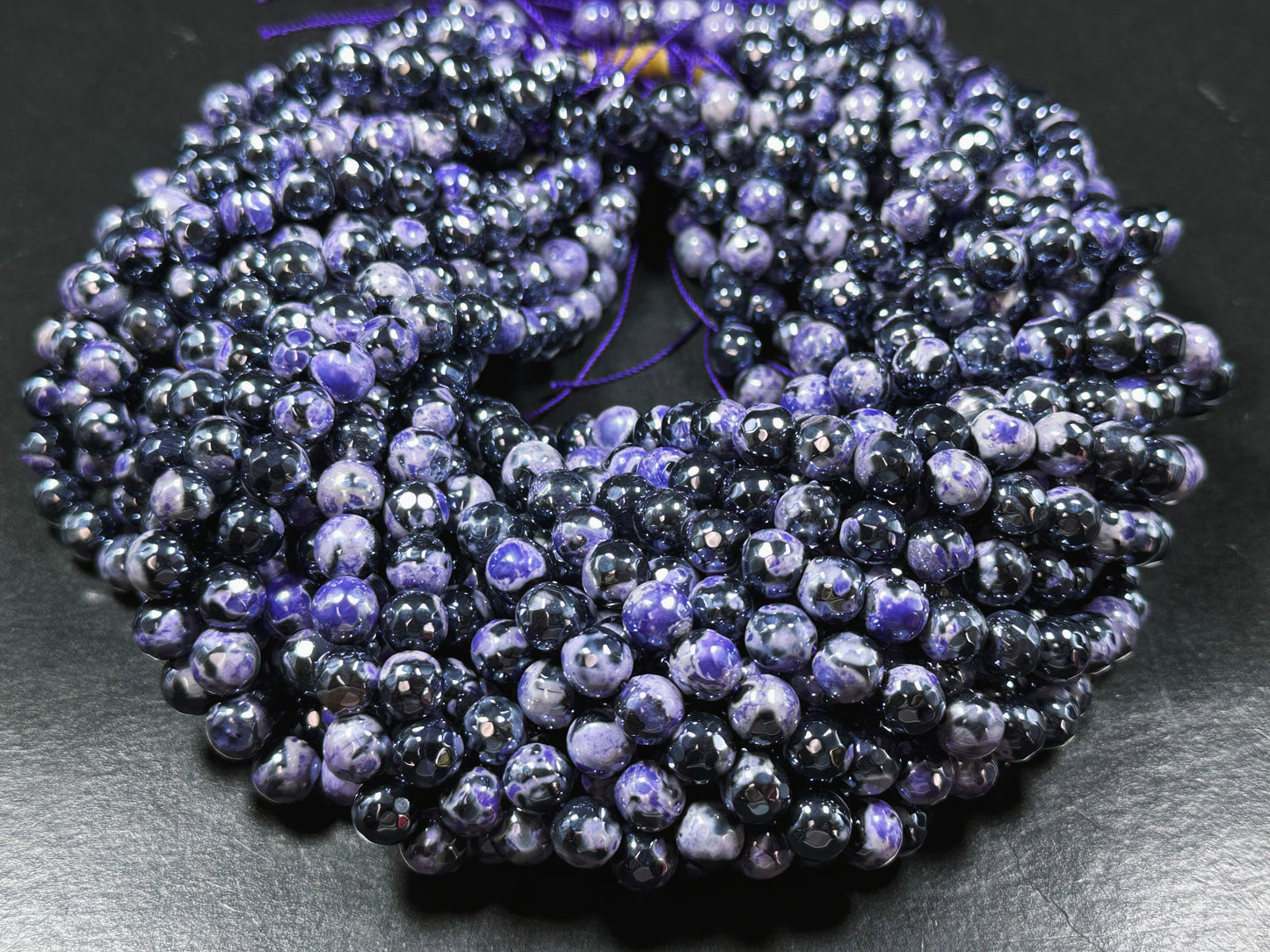Mystic Natural Tibetan Agate Gemstone Bead Faceted 8mm 10mm Round Beads, Beautiful Mystic Purple Black Agate Stone Beads, Full Strand 15.5"