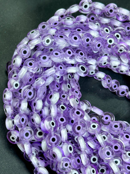 Beautiful Evil Eye Glass Beads 6mm 8mm 10mm Flat Coin Shape, Beautiful Purple Clear Color Evil Eye Glass Beads, Religious Amulet Prayer Beads