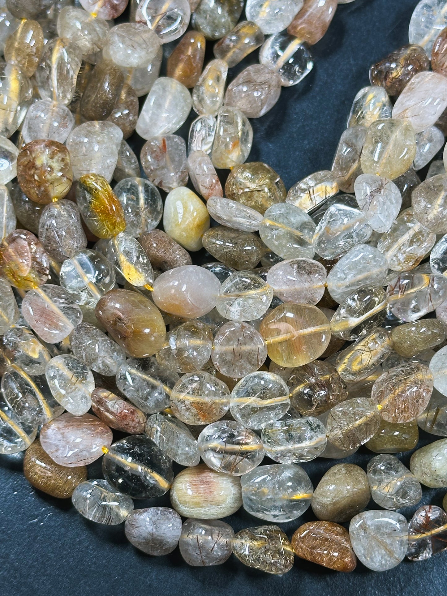 Natural Rutilated Quartz Gemstone Bead 10-13mm Freeform Pebble Shape, Gorgeous Natural Color Rutilated Quartz Excellent Quality 15.5" Strand