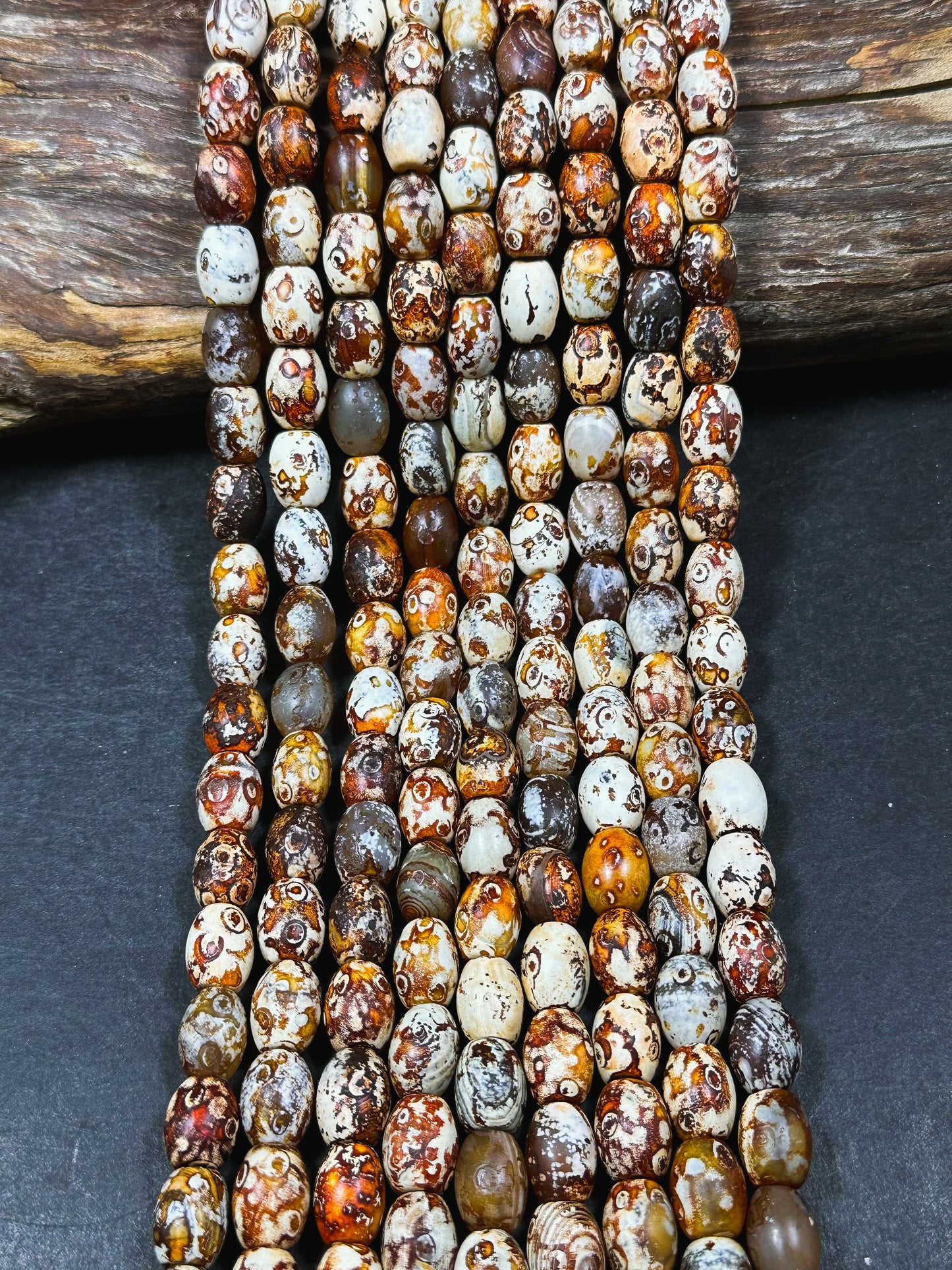 AAA Natural Tibetan Gemstone Bead 13x10mm Barrel Shape, Beautiful Orange Brown Hand Painted Tibetan Stone Bead, Excellent Quality 14" Strand