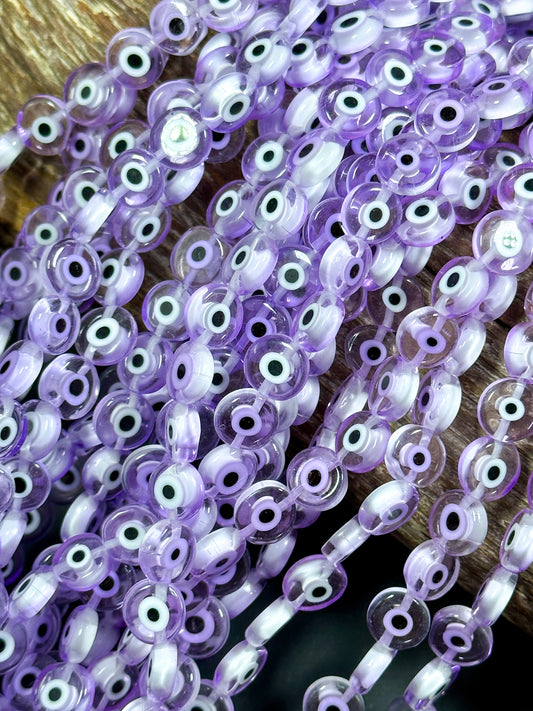 Beautiful Evil Eye Glass Beads 6mm 8mm 10mm Flat Coin Shape, Beautiful Purple Clear Color Evil Eye Glass Beads, Religious Amulet Prayer Beads