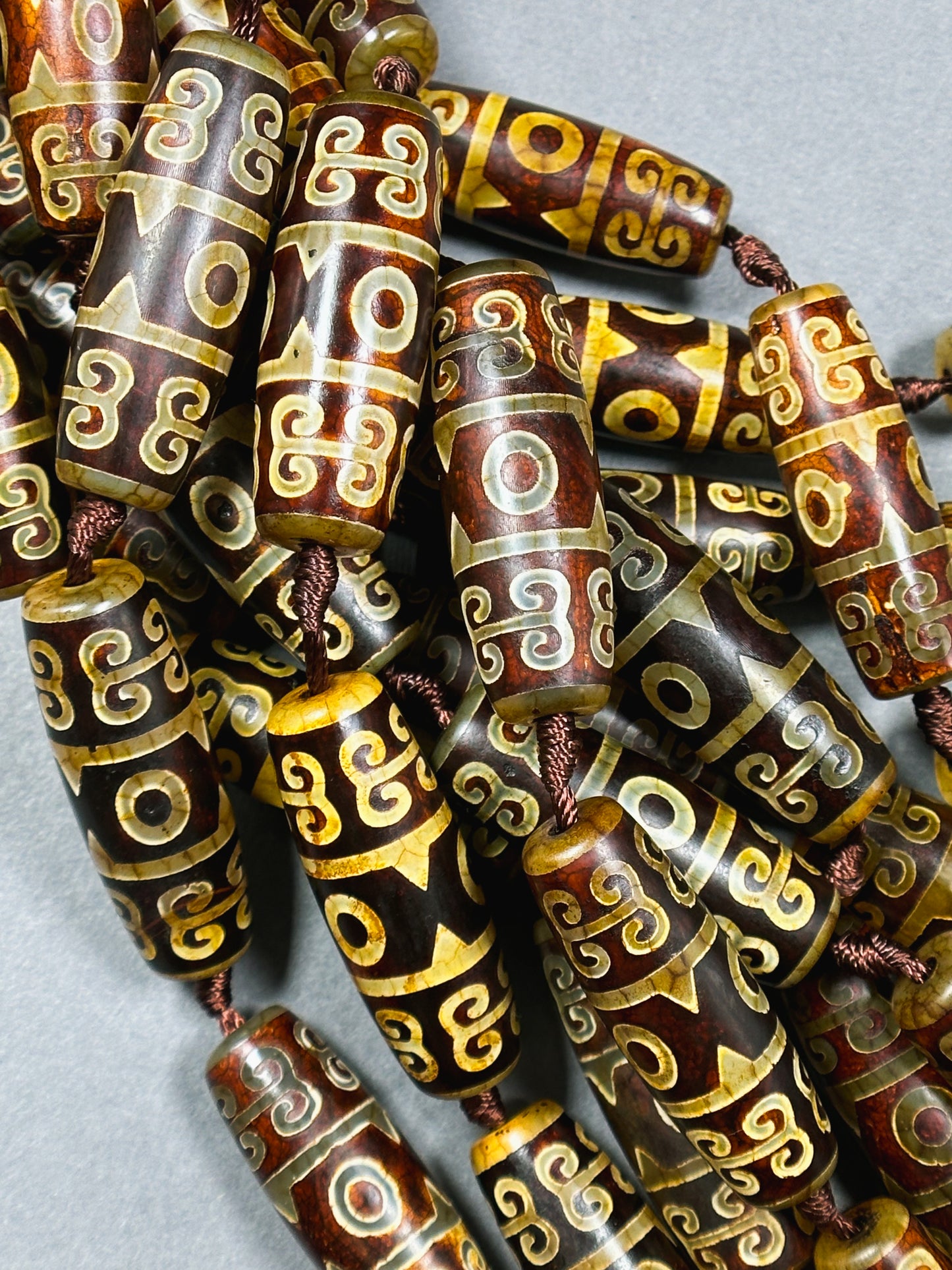 Natural Tibetan Gemstone Bead 39x13mm Barrel Shape Bead, Beautiful Brown Hand Painted Design Tibetan Beads, Great Quality Full Strand 15.5"