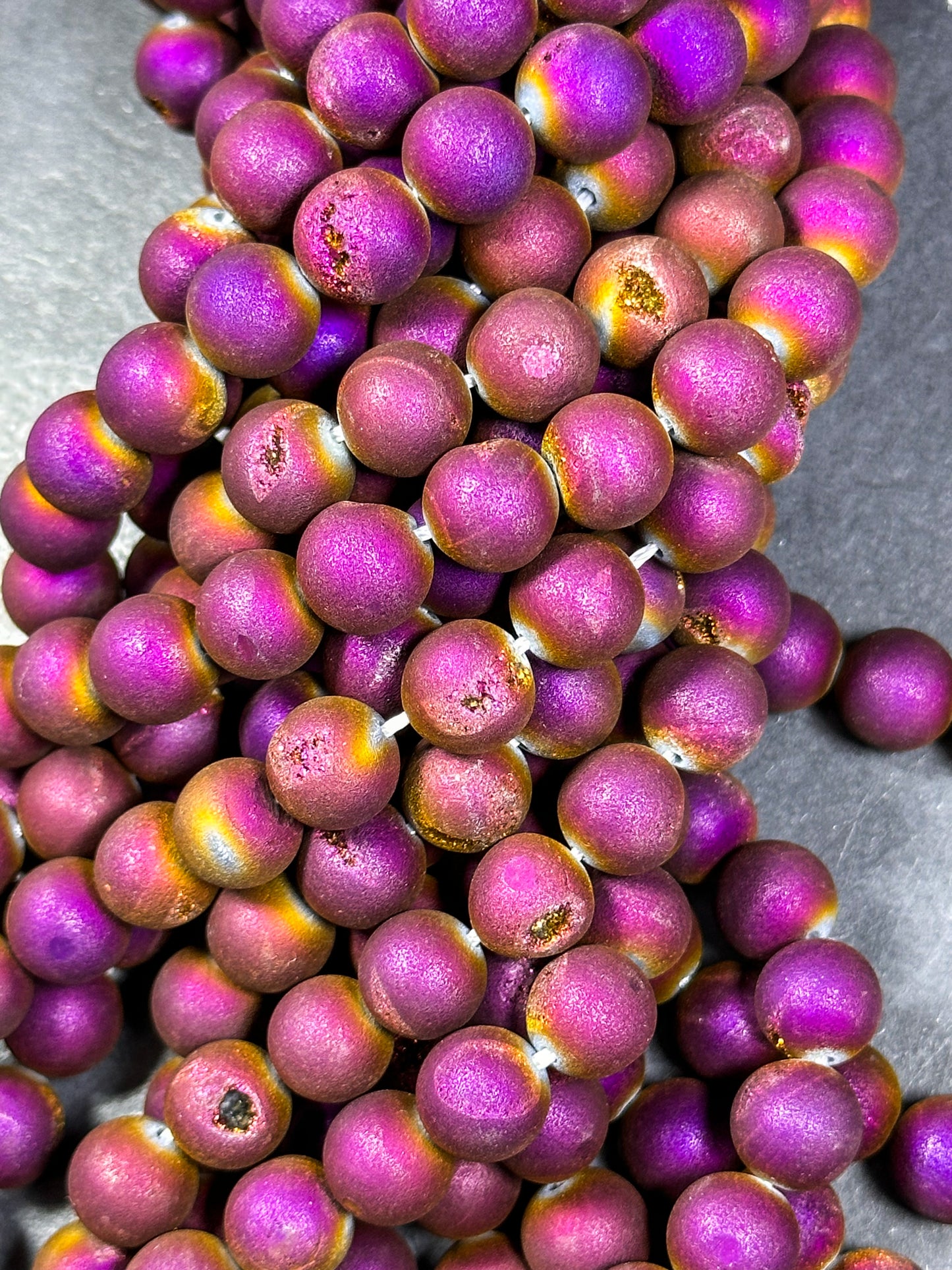 Natural Matte Druzy Agate Gemstone Beads 6mm 8mm 10mm 12mm Round Beads, Dark Magenta Purple Color Matte Druzy Agate Beads Full Strand 15.5"