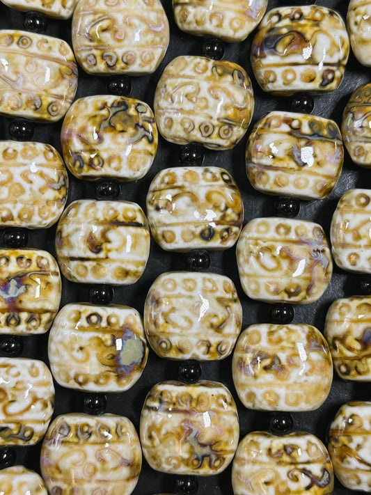 Beautiful Hand Painted Porcelain Beads, 22x20mm Unique Hand Painted Beige Porcelain Square Shape Beads, Gorgeous Beige Porcelain Beads 8"