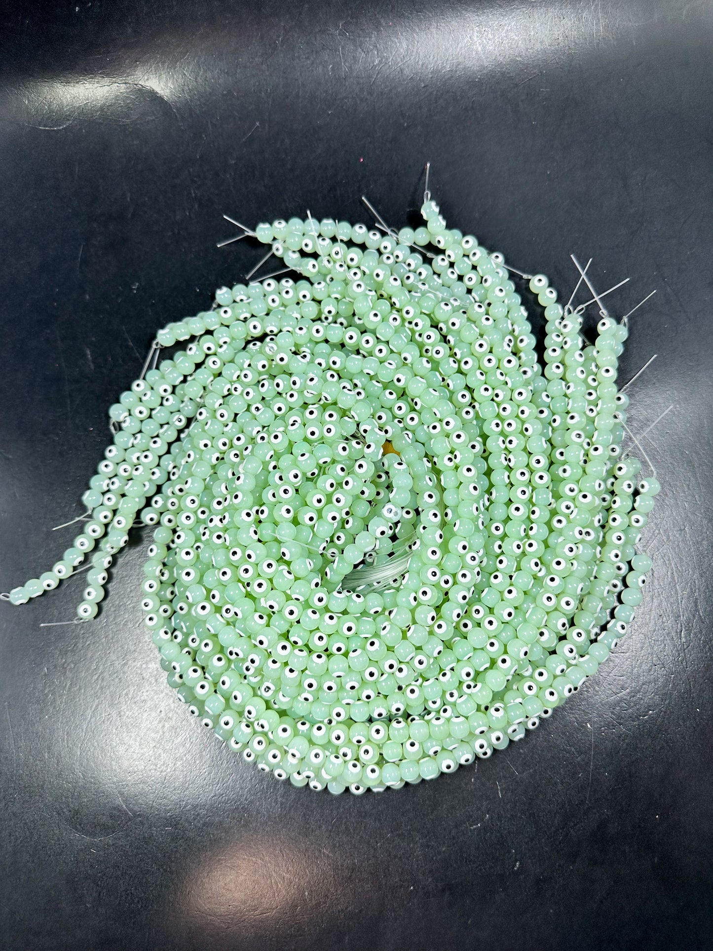 Beautiful Light Green Evil Eye Glass Beads 6mm 8mm Round Beads, Beautiful Light Green Evil Eye Amulet Glass Beads, Full Strand Glass Beads