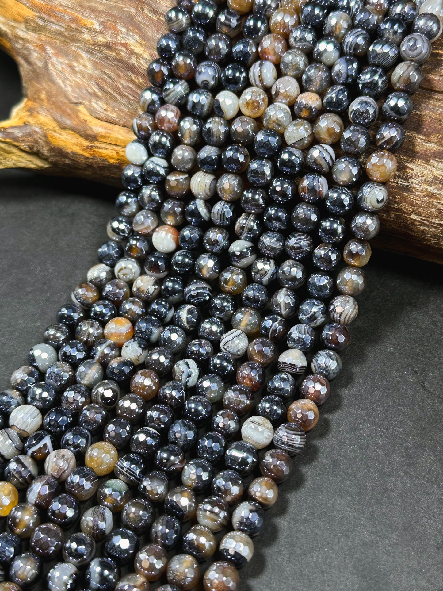 Mystic Natural Botswana Agate Gemstone Bead Faceted 8mm Round Beads, Beautiful Natural Brown Black Color Botswana Agate Stone Bead 15.5"