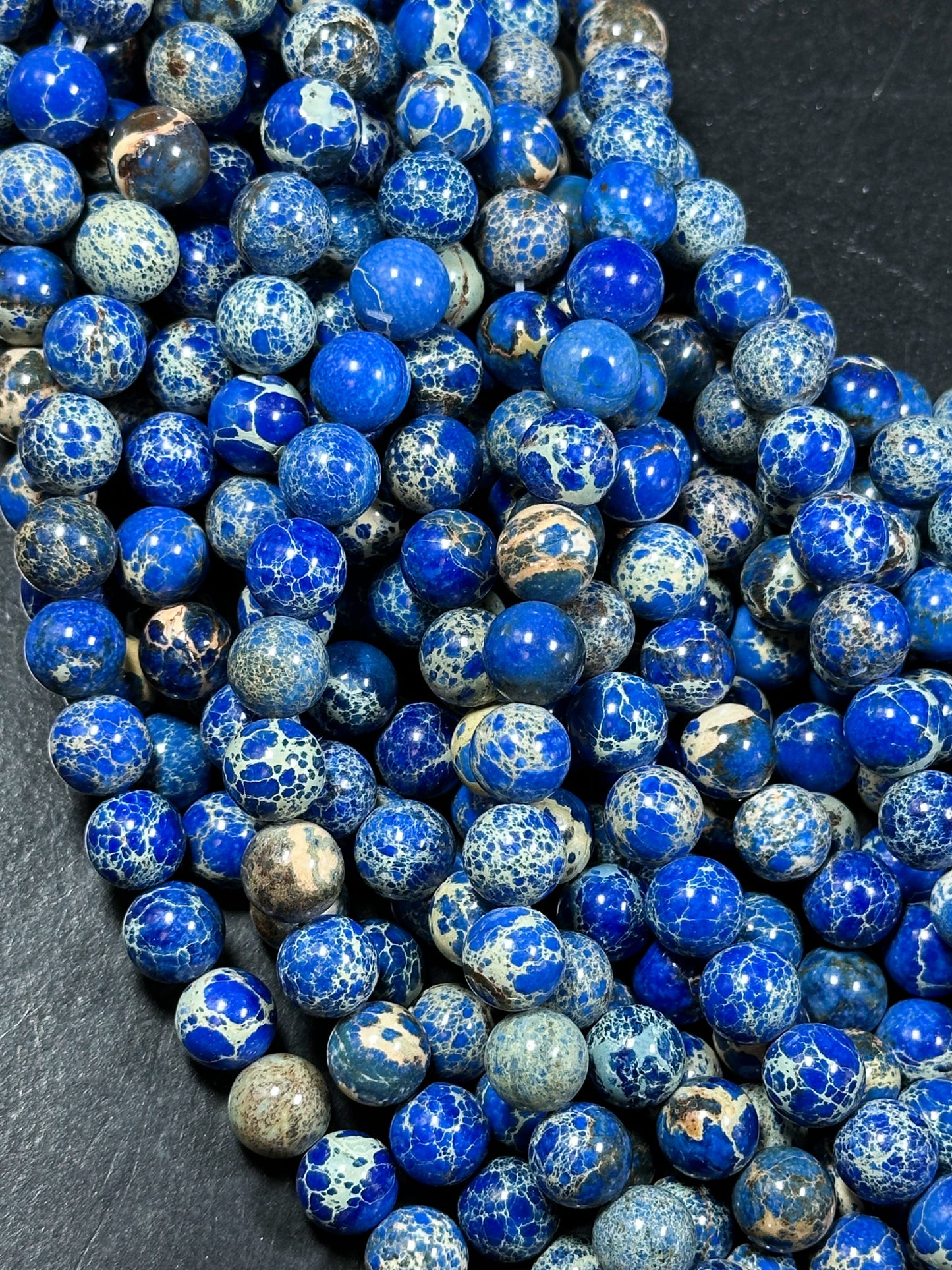 Natural Sea Sediment Jasper Gemstone Bead 8mm 10mm Round Beads, Beautiful Dark Royal Blue Color Imperial Jasper Beads Full Strand 15.5"