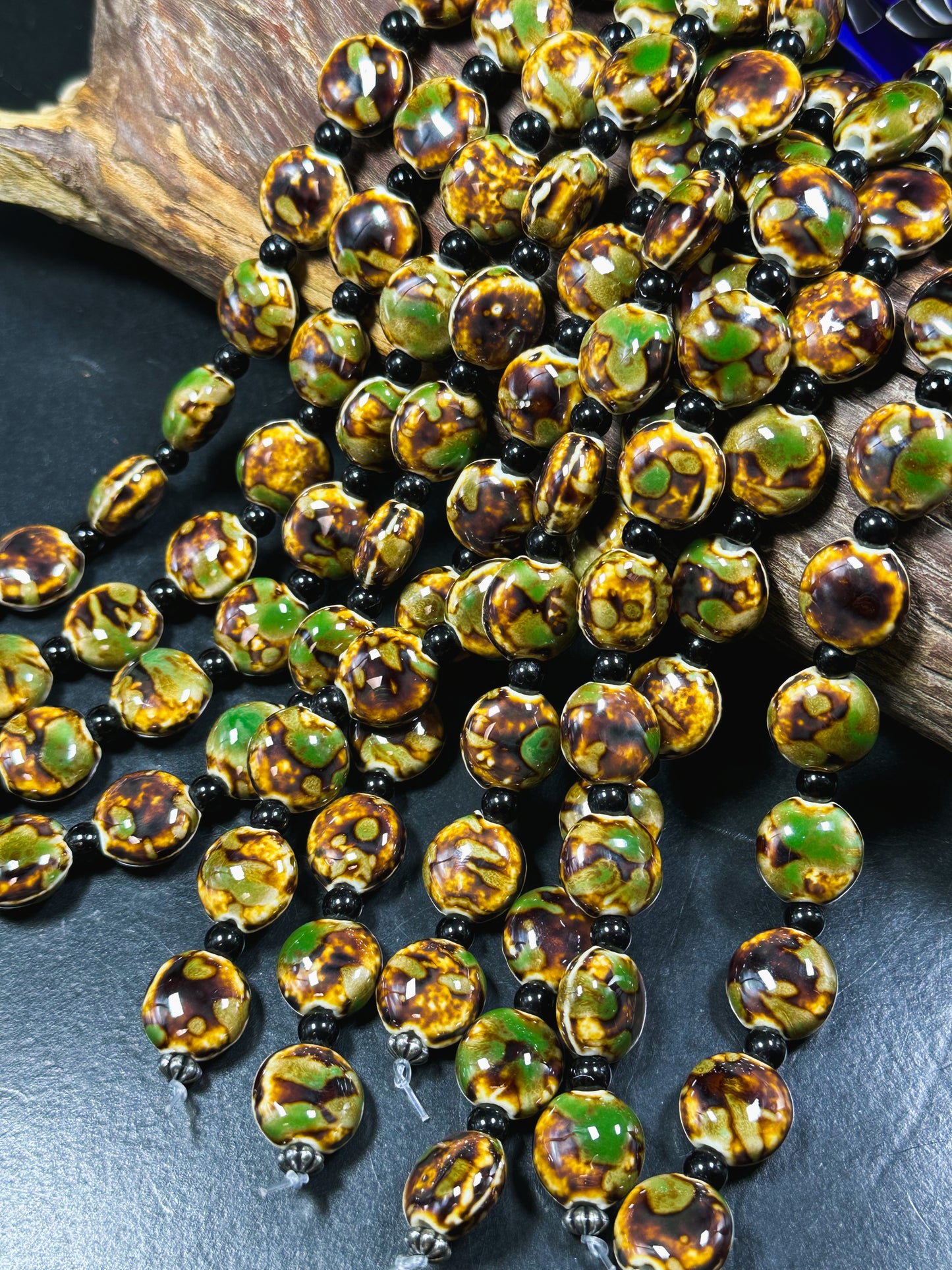 Beautiful Hand Painted Porcelain Beads, 15mm Unique Hand Painted Porcelain Coin Shape Beads, Gorgeous Green Brown Color Porcelain Bead 8"