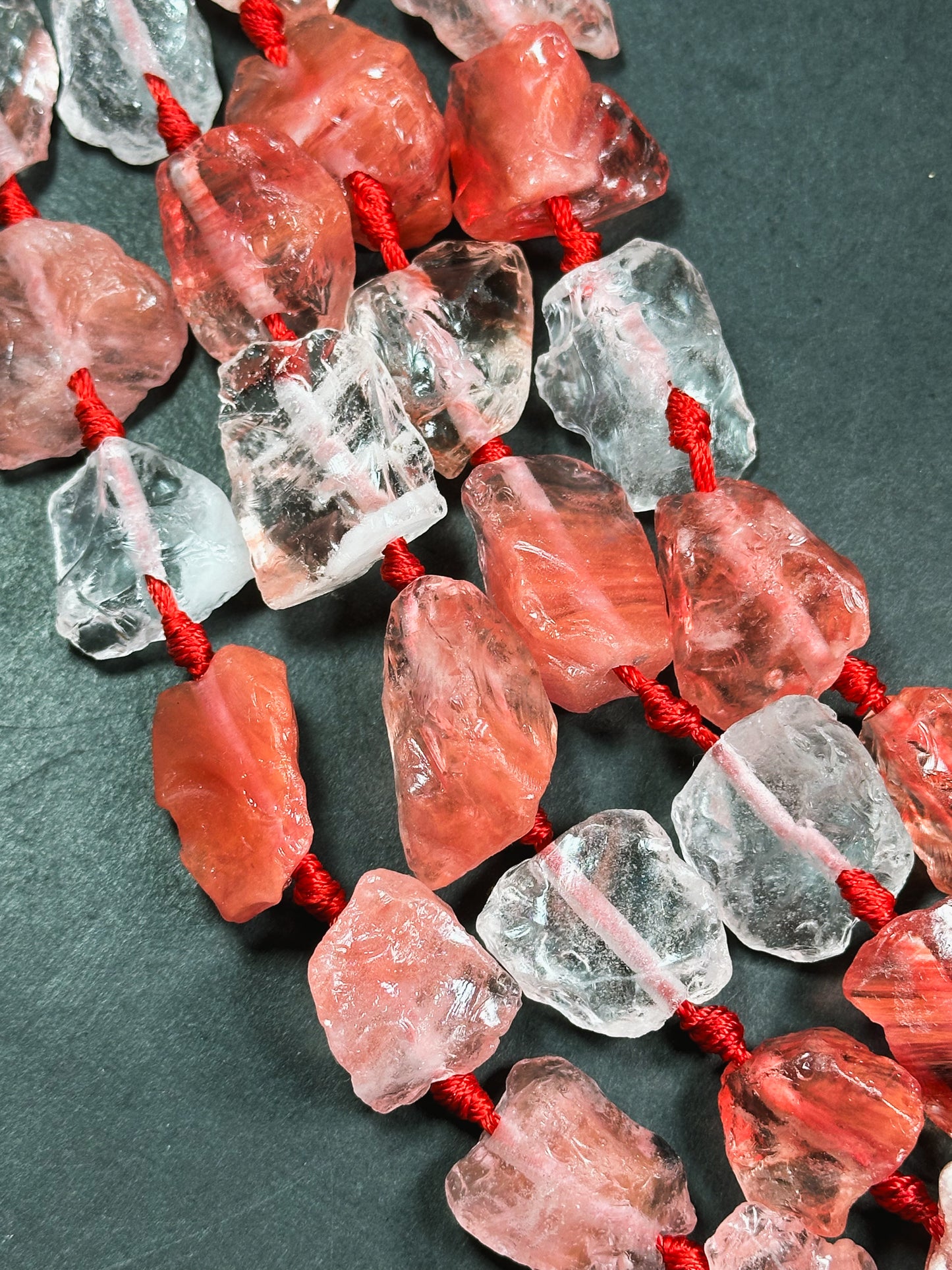 Natural Raw Watermelon Quartz Gemstone Bead Freeform Nugget Bead, Beautiful Watermelon Red Clear Color Rough Raw Quartz Bead, 15.5" Strand