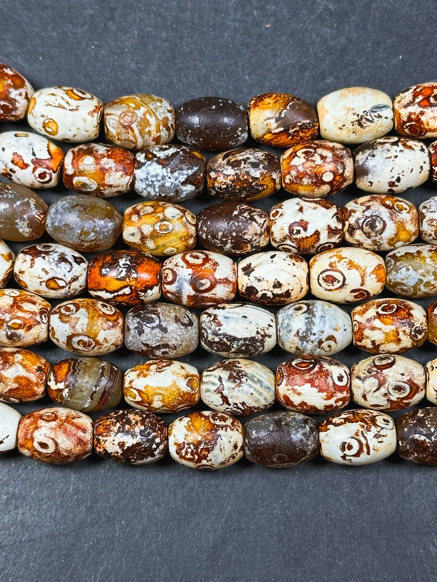 AAA Natural Tibetan Gemstone Bead 13x10mm Barrel Shape, Beautiful Orange Brown Hand Painted Tibetan Stone Bead, Excellent Quality 14" Strand
