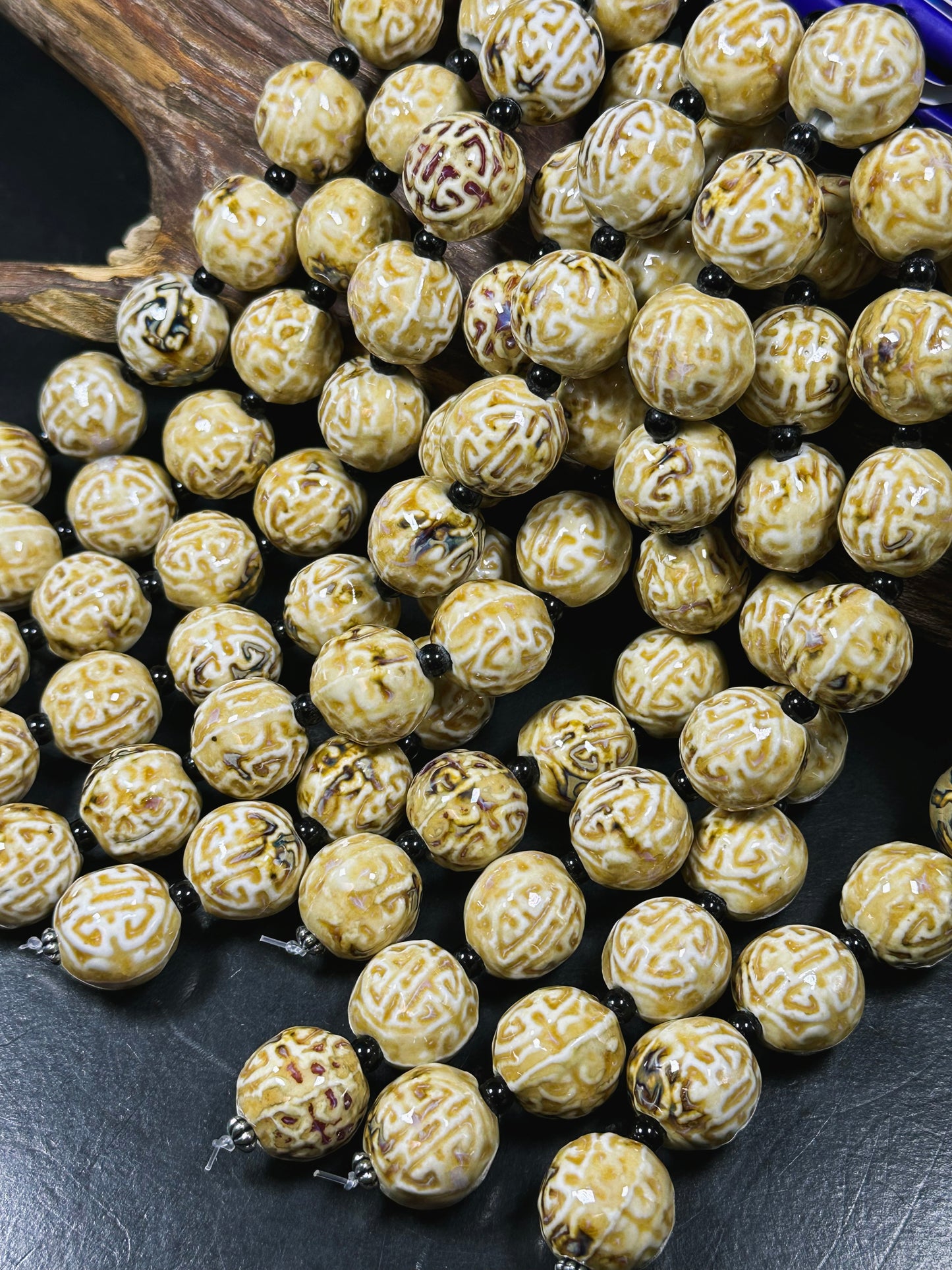 Beautiful Hand Painted Porcelain Beads, 20mm Unique Design Hand Painted Porcelain Round Shape Beads, Gorgeous Beige Color Porcelain Bead 8"