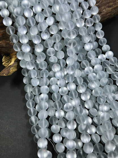 Beautiful Matte Mermaid Glass Beads 6mm 8mm 10mm 12mm Round Beads, Matte Clear Color White Flash Holographic Mermaid Beads Full Strand 15.5"