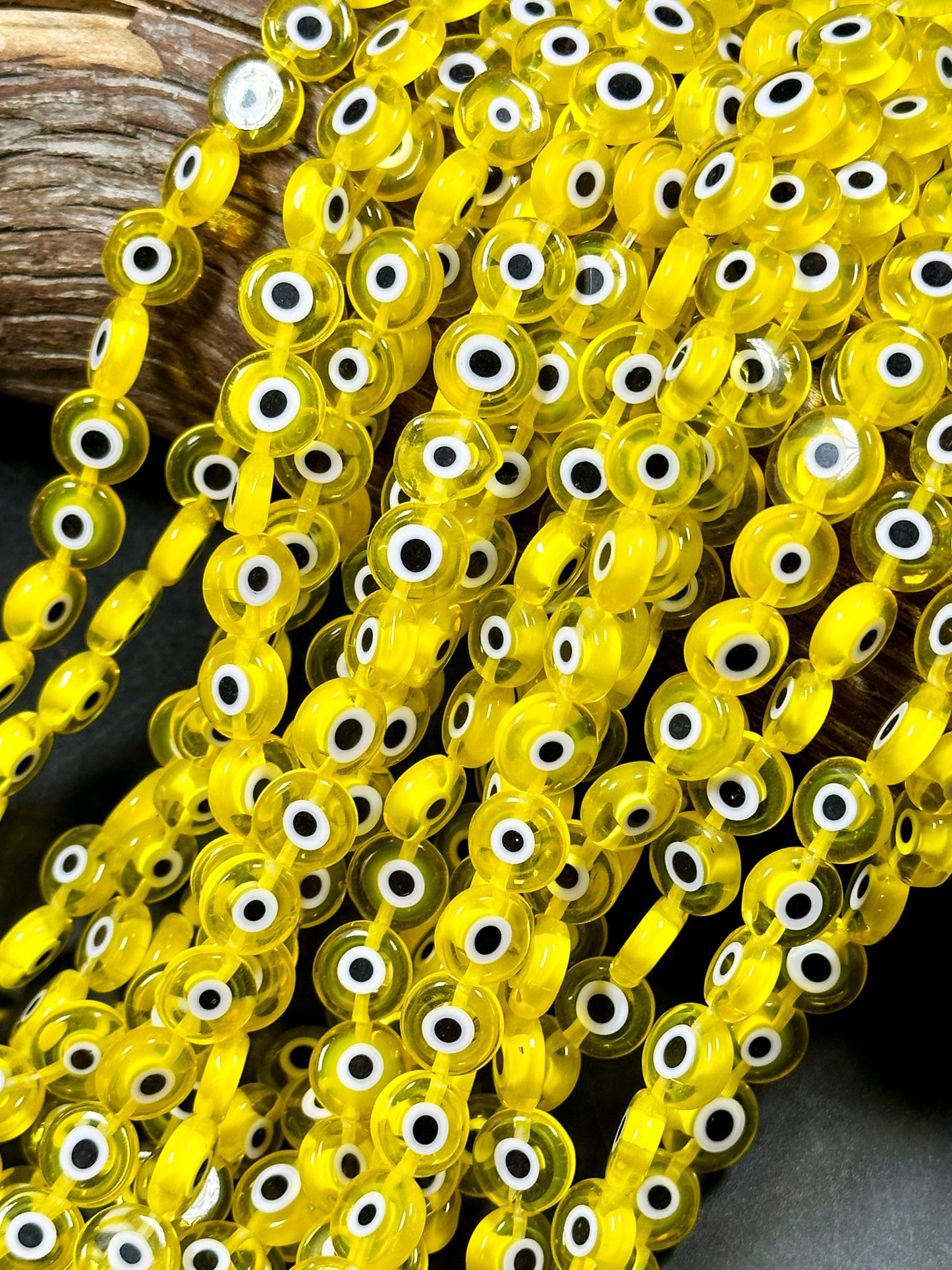 Beautiful Evil Eye Glass Beads 10mm Flat Coin Shape, Beautiful Clear Yellow Color Evil Eye Beads, Religious Amulet Prayer Great Quality Bead