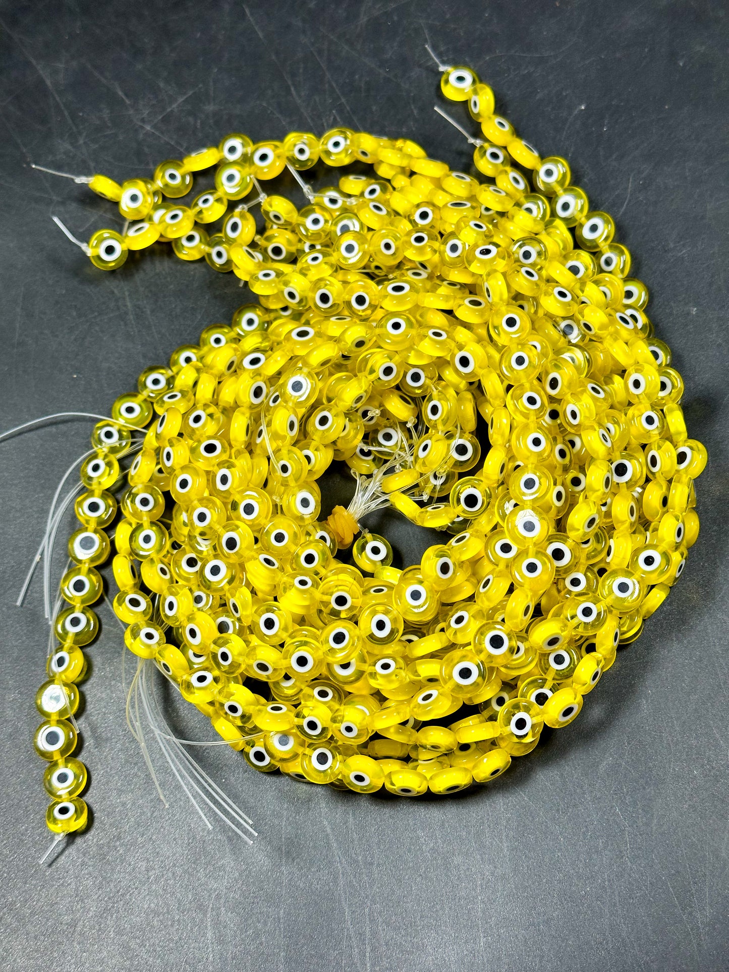 Beautiful Evil Eye Glass Beads 10mm Flat Coin Shape, Beautiful Clear Yellow Color Evil Eye Beads, Religious Amulet Prayer Great Quality Bead
