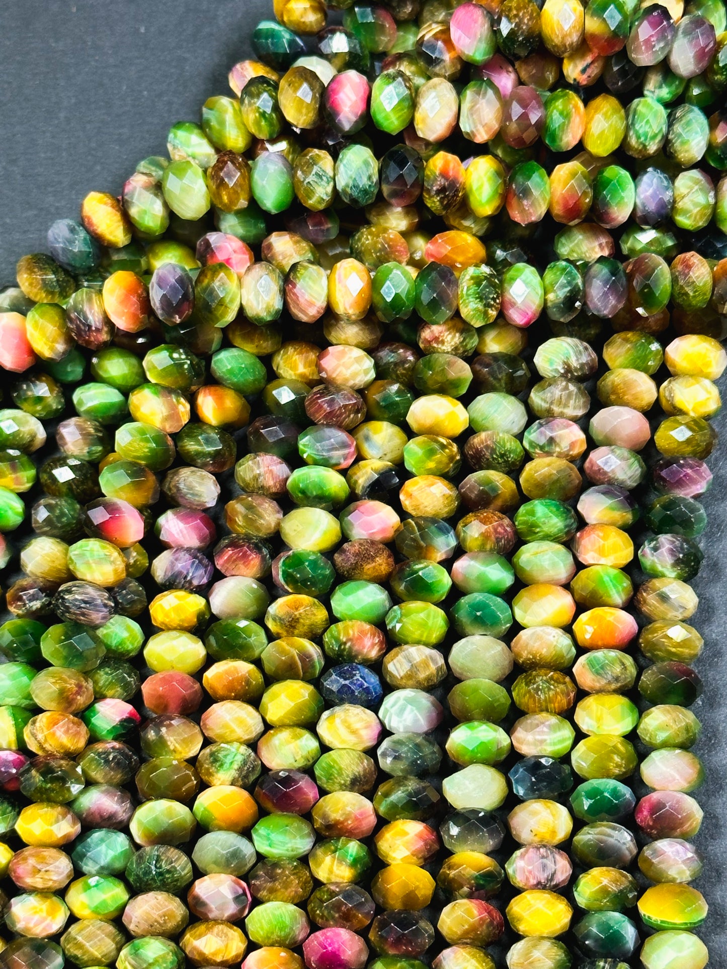Beautiful Galaxy Tiger Eye Gemstone Bead Faceted 8x5mm Rondelle Shape, Gorgeous Multicolor Green Yellow Tiger Eye Beads Full Strand 15.5"