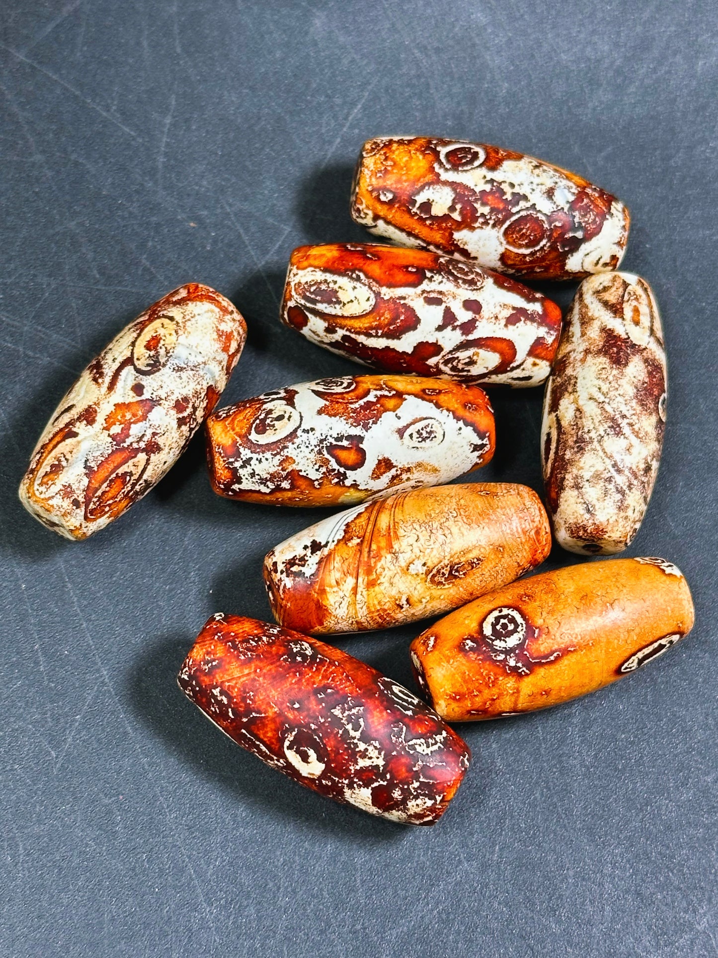 AAA Hand Painted Tibetan Gemstone Bead 29x13mm Barrel Shape Bead, Beautiful Orange Beige Color Unique Design Tibetan Agate LOOSE BEADS