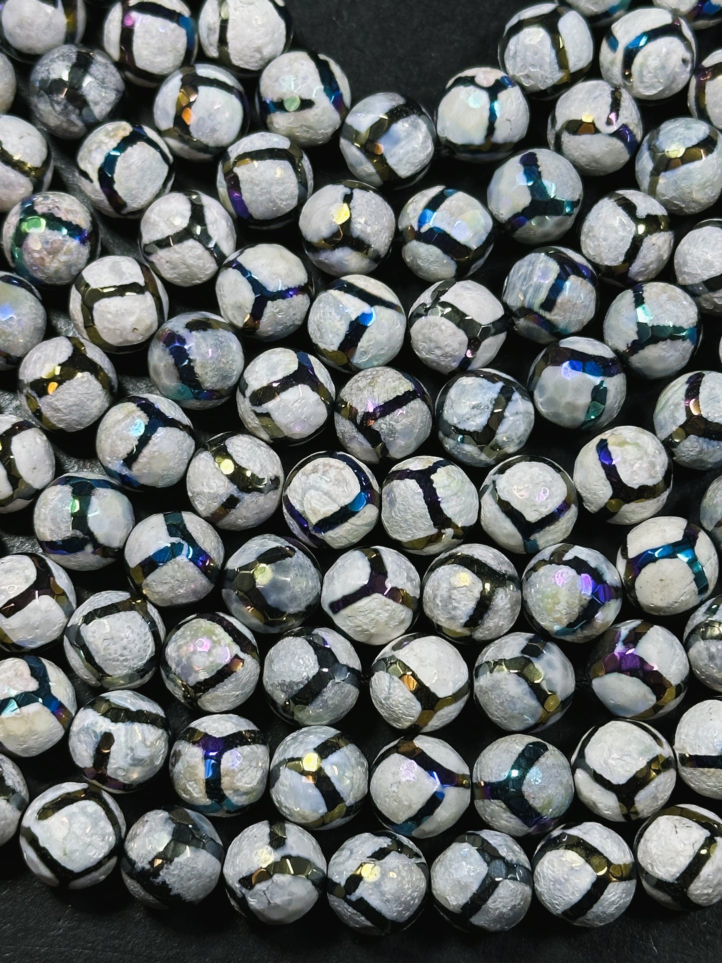Mystic Natural Galaxy Tibetan Gemstone Bead Faceted 6mm 8mm 10mm 12mm Round Beads, Gorgeous Galaxy Purple Color Honeycomb Design Tibetan Beads 15.5" Strand