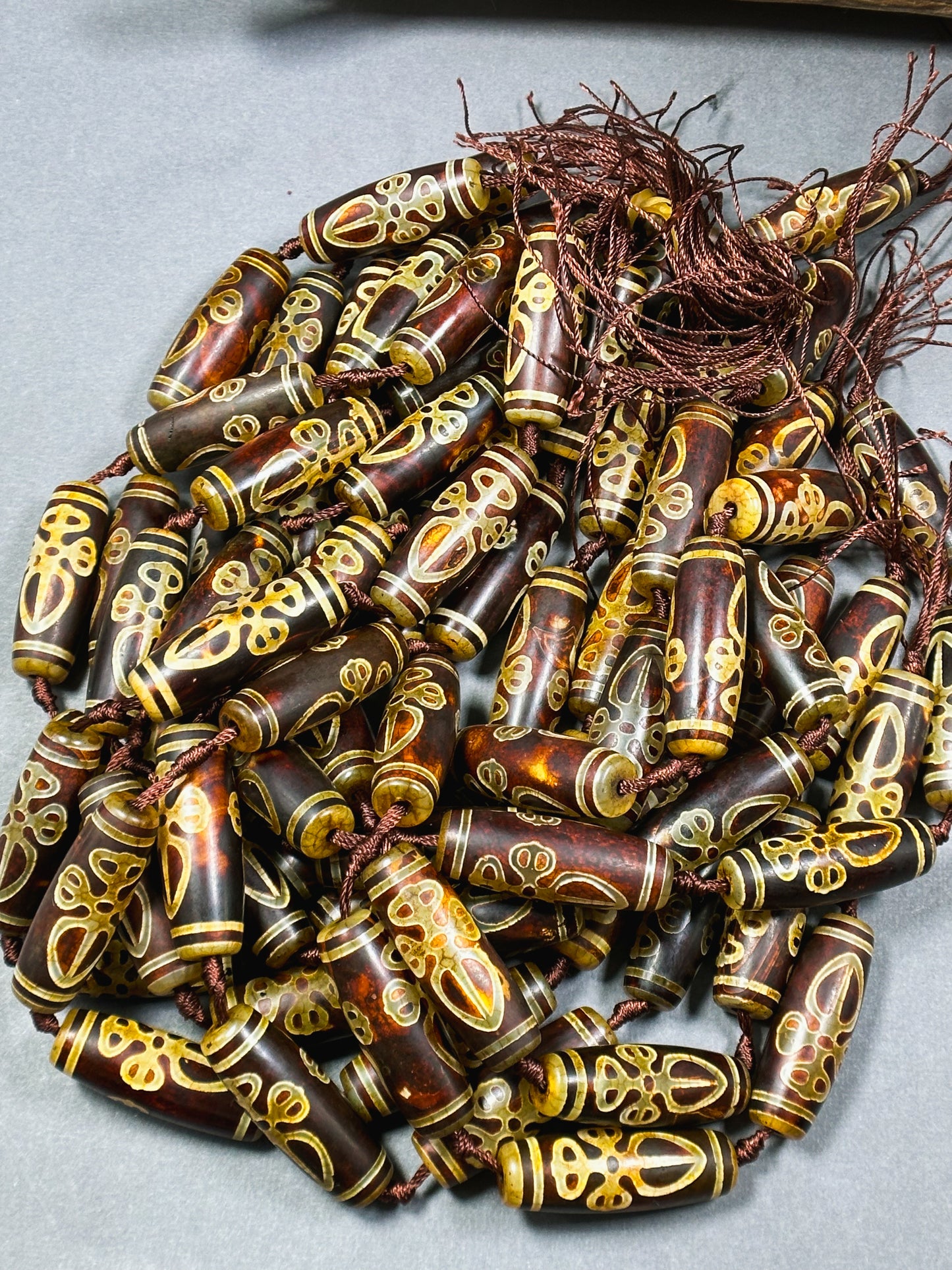 Natural Tibetan Gemstone Bead 39x14mm Barrel Shape Bead, Beautiful Brown Hand Painted Design Tibetan Beads, Great Quality Full Strand 15.5"