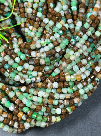 NATURAL Chrysoprase Gemstone Bead Faceted 3mm Cube Shape, Beautiful Natural Green Brown Color Chrysoprase Gemstone Beads Full Strand 15.5"