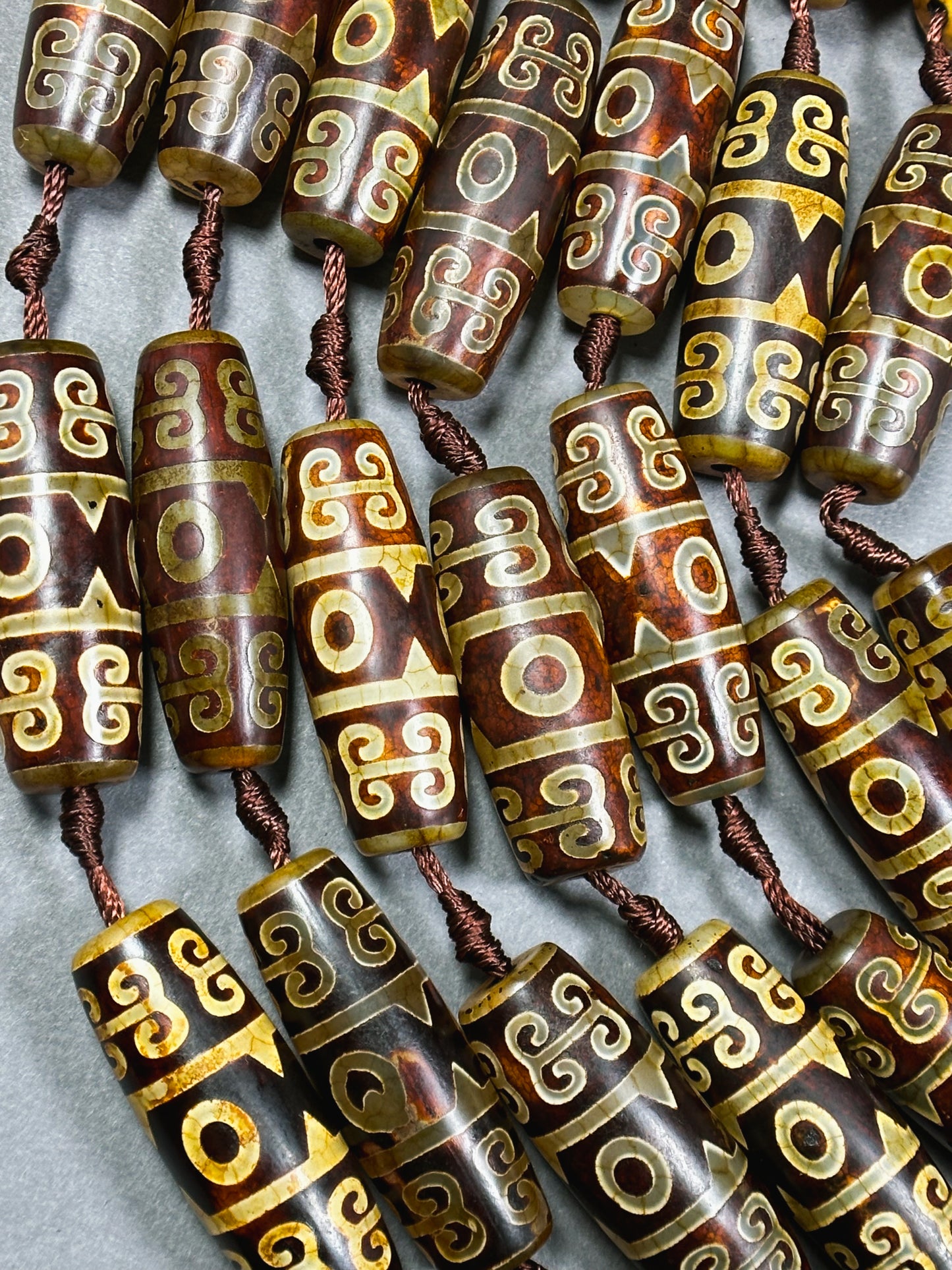 Natural Tibetan Gemstone Bead 39x13mm Barrel Shape Bead, Beautiful Brown Hand Painted Design Tibetan Beads, Great Quality Full Strand 15.5"