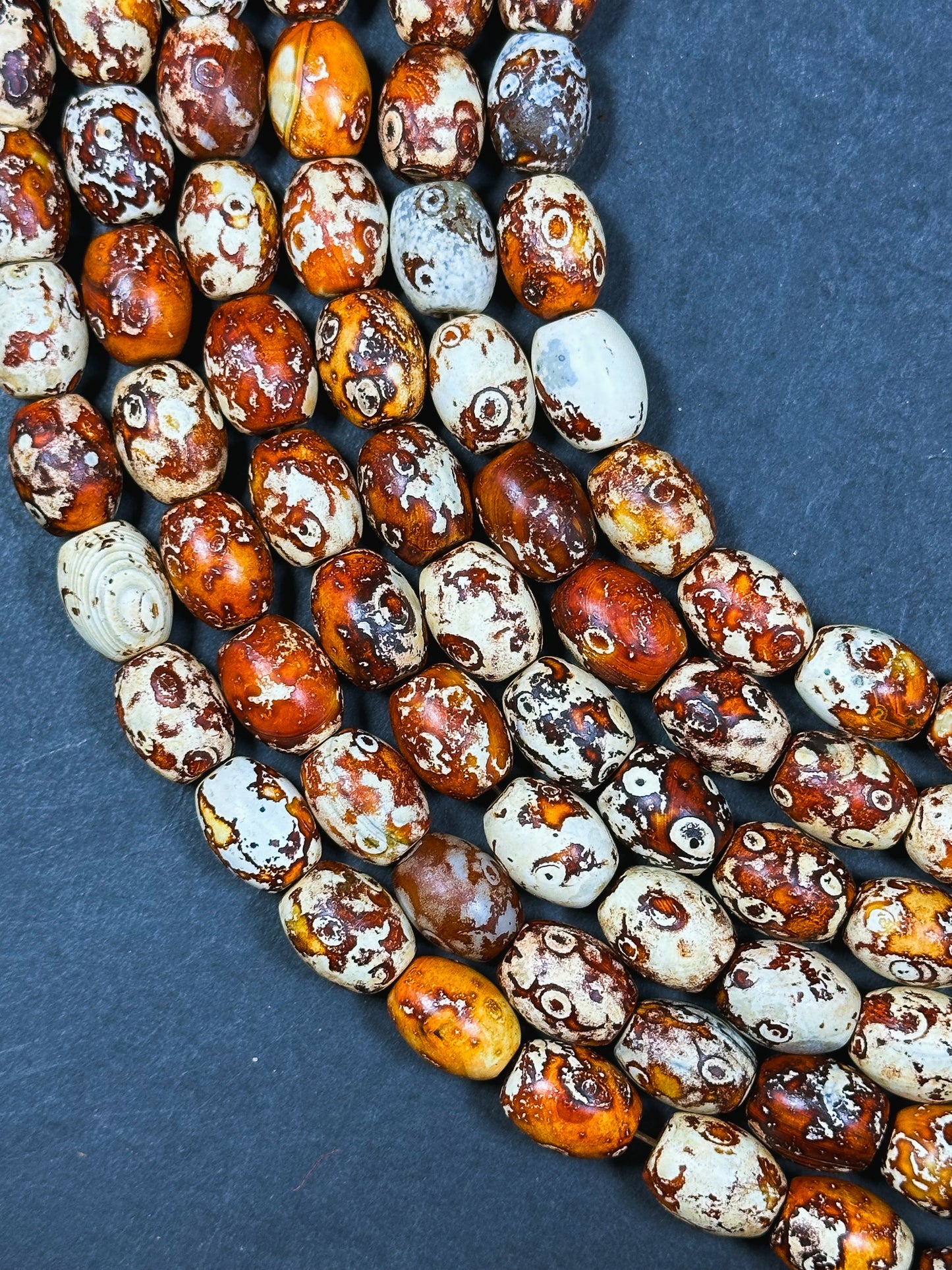 AAA Natural Tibetan Gemstone Bead 12x16mm Barrel Shape, Beautiful Orange Brown Hand Painted Tibetan Stone Bead, Excellent Quality 14" Strand