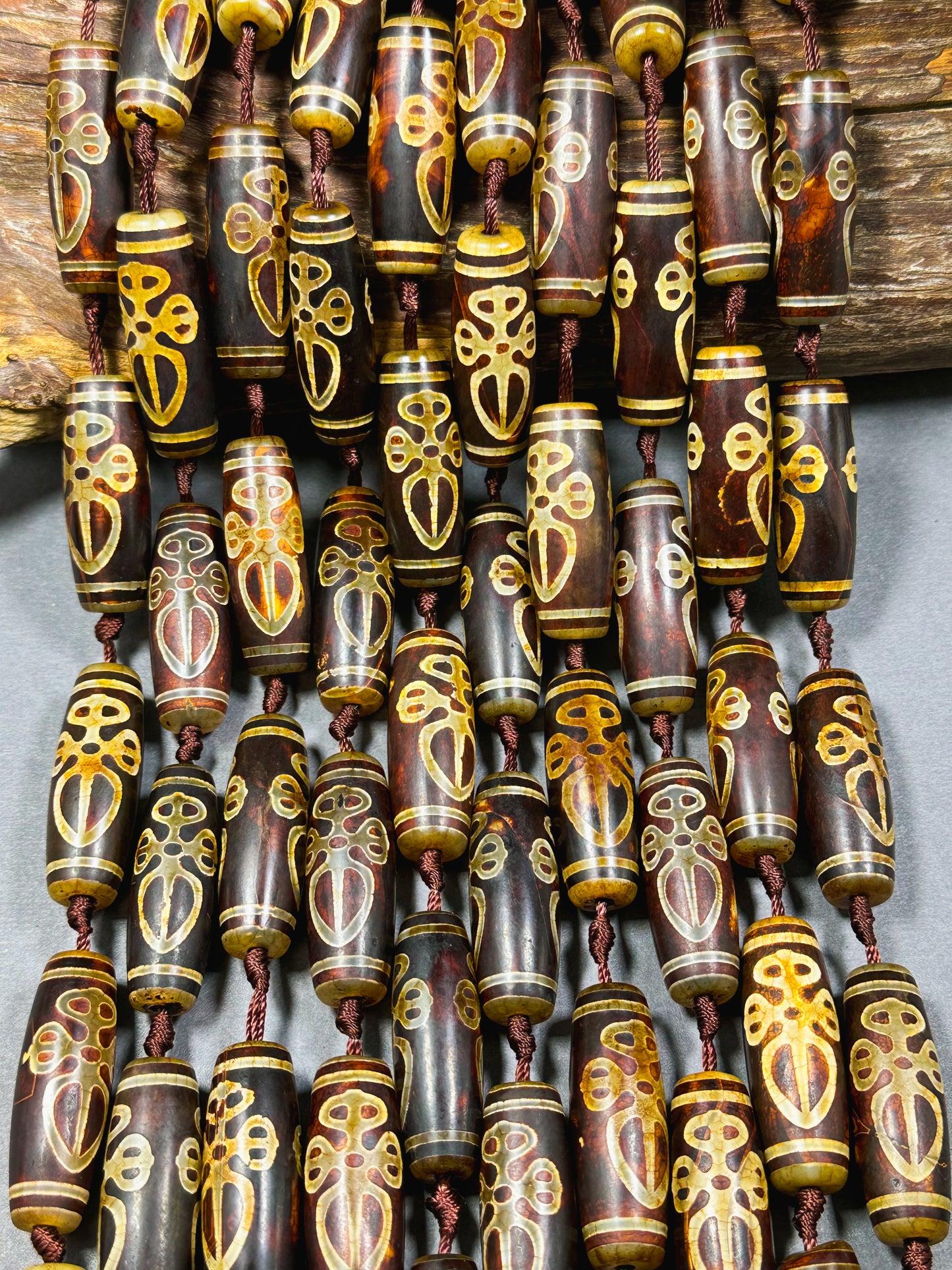 Natural Tibetan Gemstone Bead 39x14mm Barrel Shape Bead, Beautiful Brown Hand Painted Design Tibetan Beads, Great Quality Full Strand 15.5"