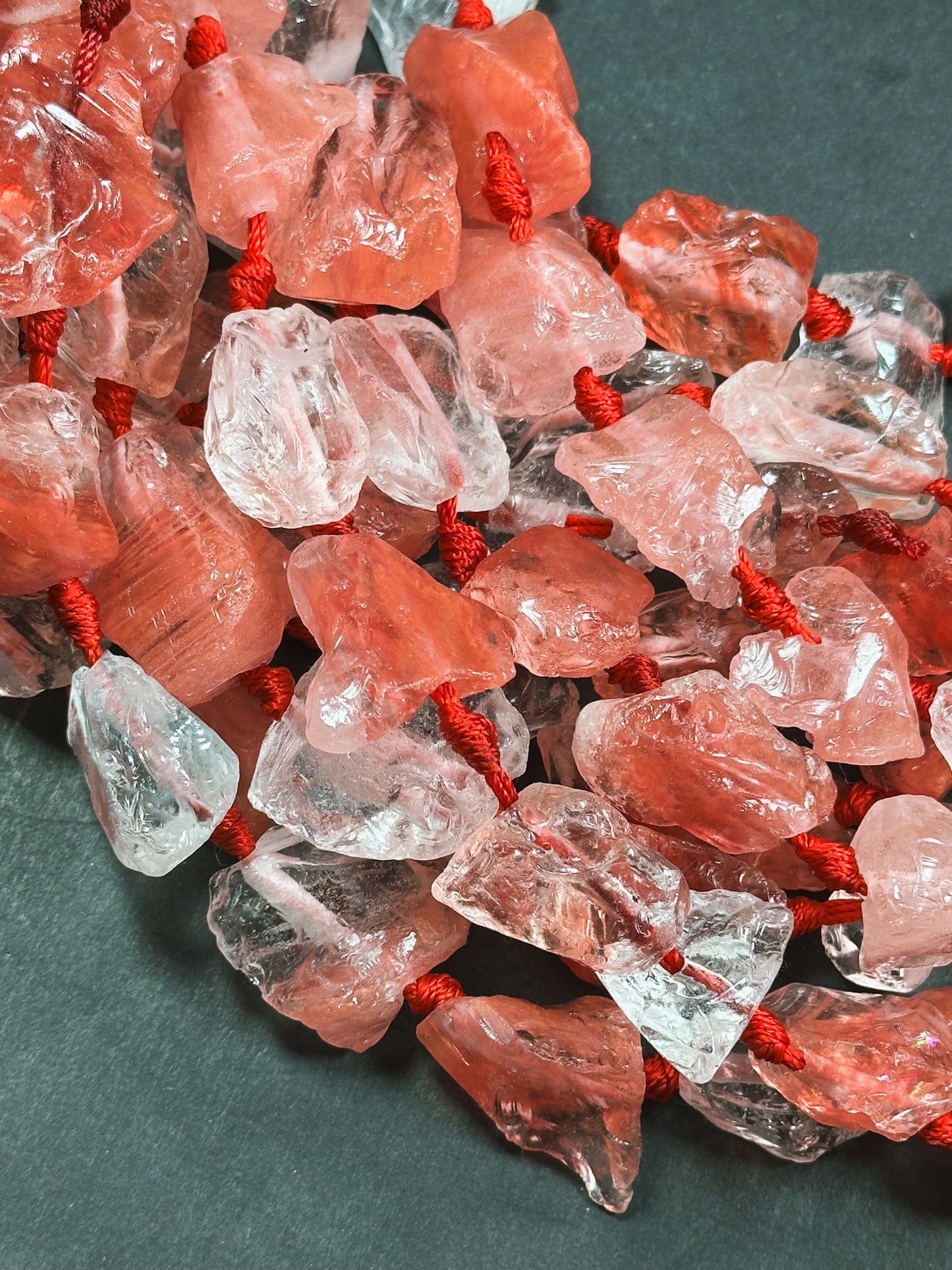 Natural Raw Watermelon Quartz Gemstone Bead Freeform Nugget Bead, Beautiful Watermelon Red Clear Color Rough Raw Quartz Bead, 15.5" Strand