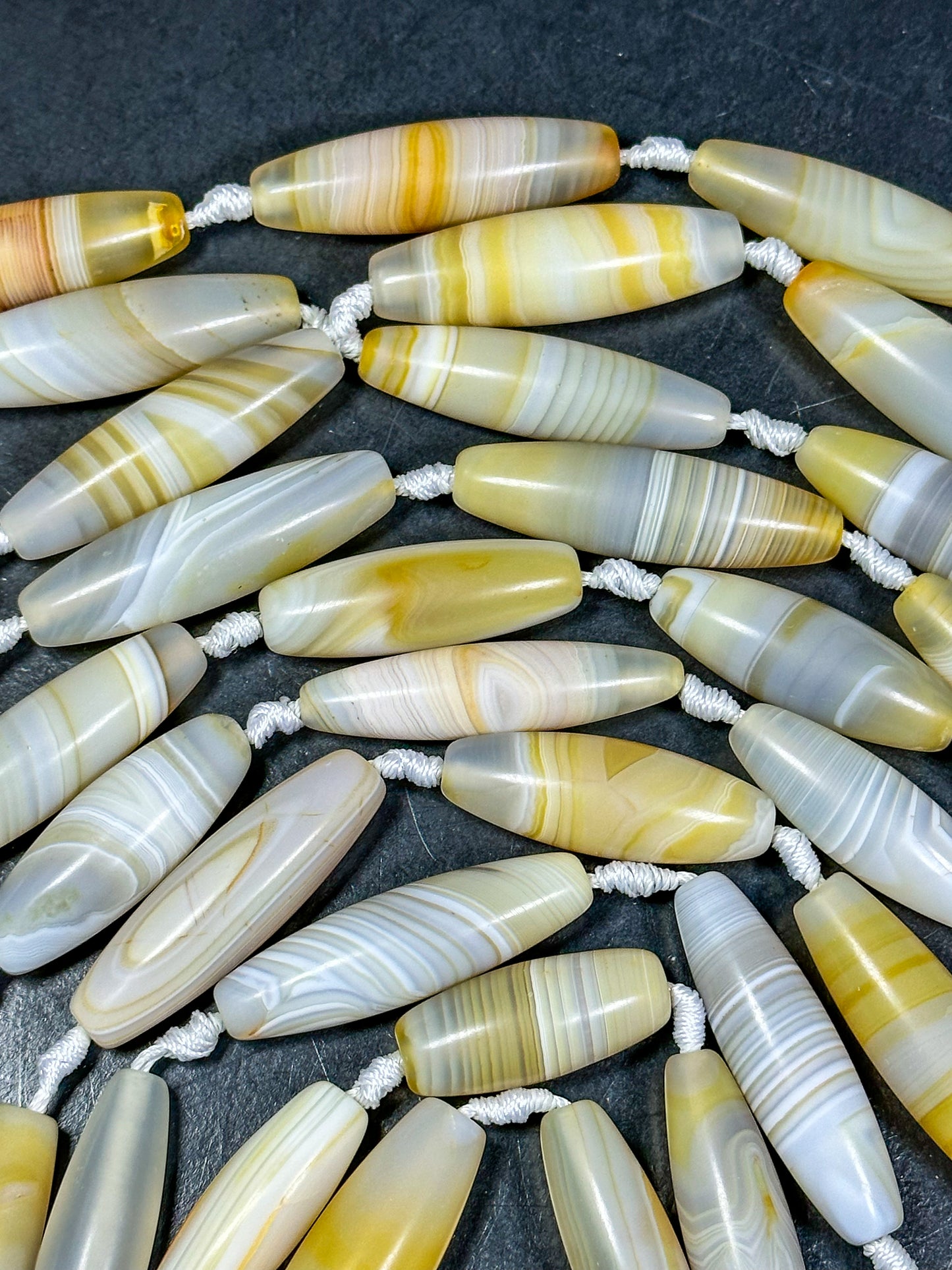 NATURAL Botswana Agate Gemstone Bead 38x12mm to 45x13mm Barrel Shape Beads, Beautiful White Yellow Color Botswana Beads Full Strand 15.5"