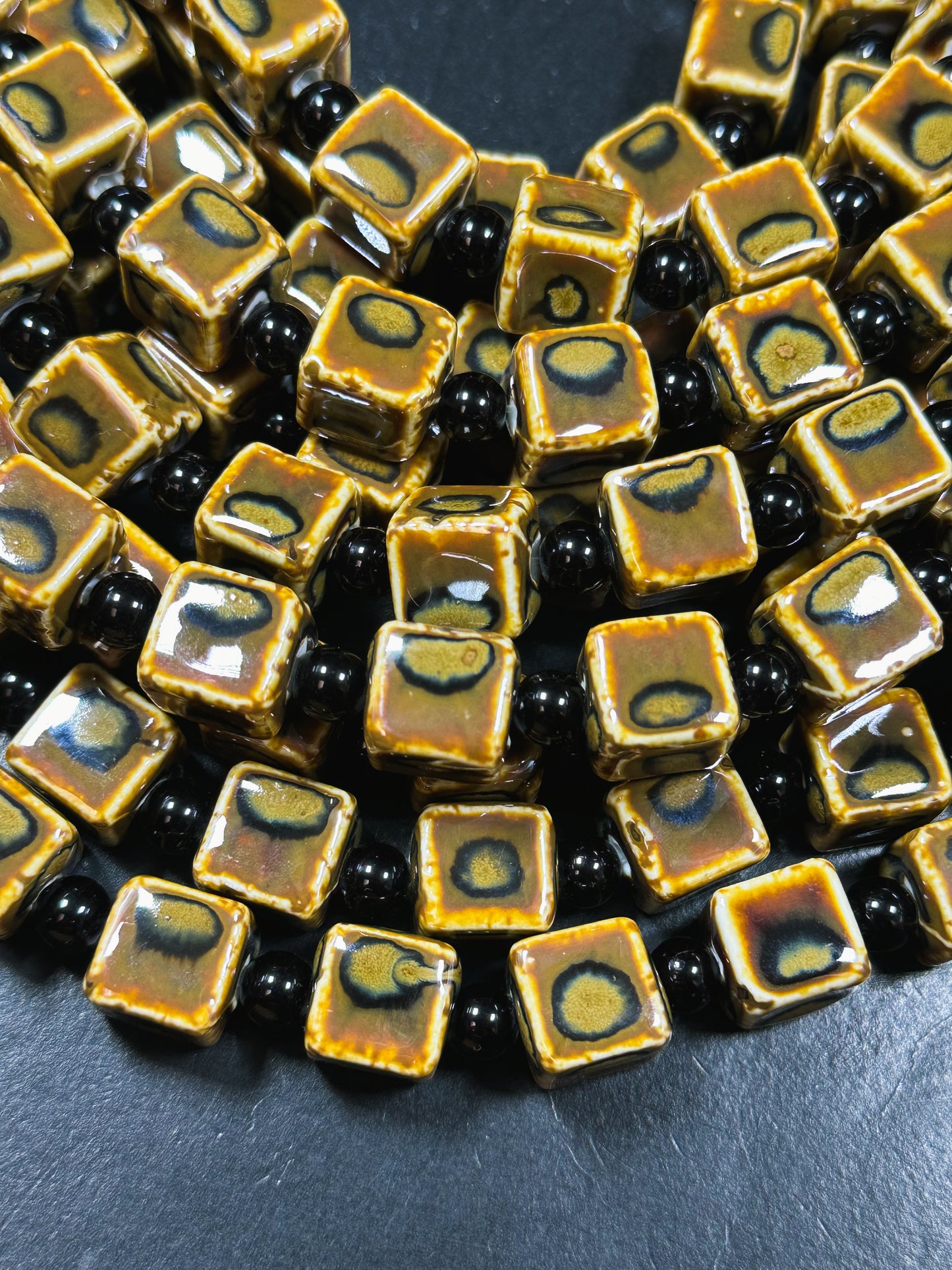 Beautiful Hand Painted Porcelain Beads, 14mm Unique Hand Painted Porcelain Cube Shape Beads, Gorgeous Brown Color Porcelain Bead 8"