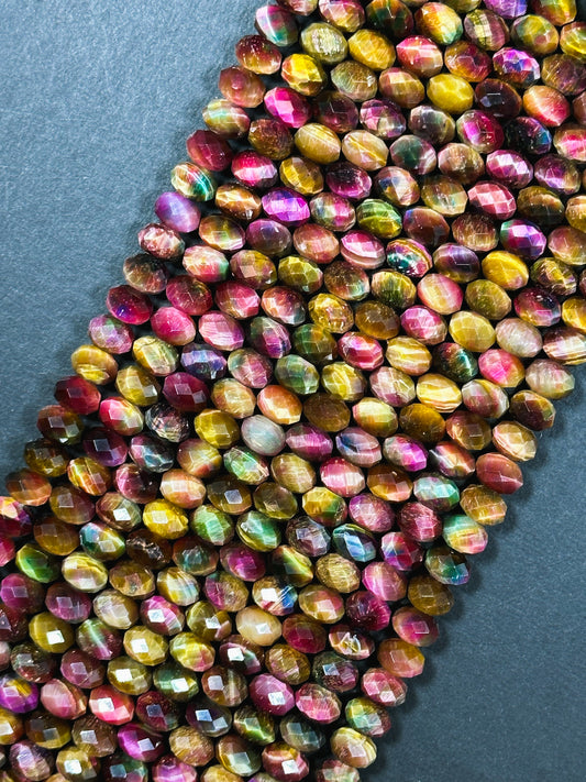 Natural Galaxy Tiger Eye Gemstone Bead Faceted 8x5mm Rondelle Shape, Gorgeous Multicolor Pink Golden Brown Color Tiger Eye Full Strand 15.5"