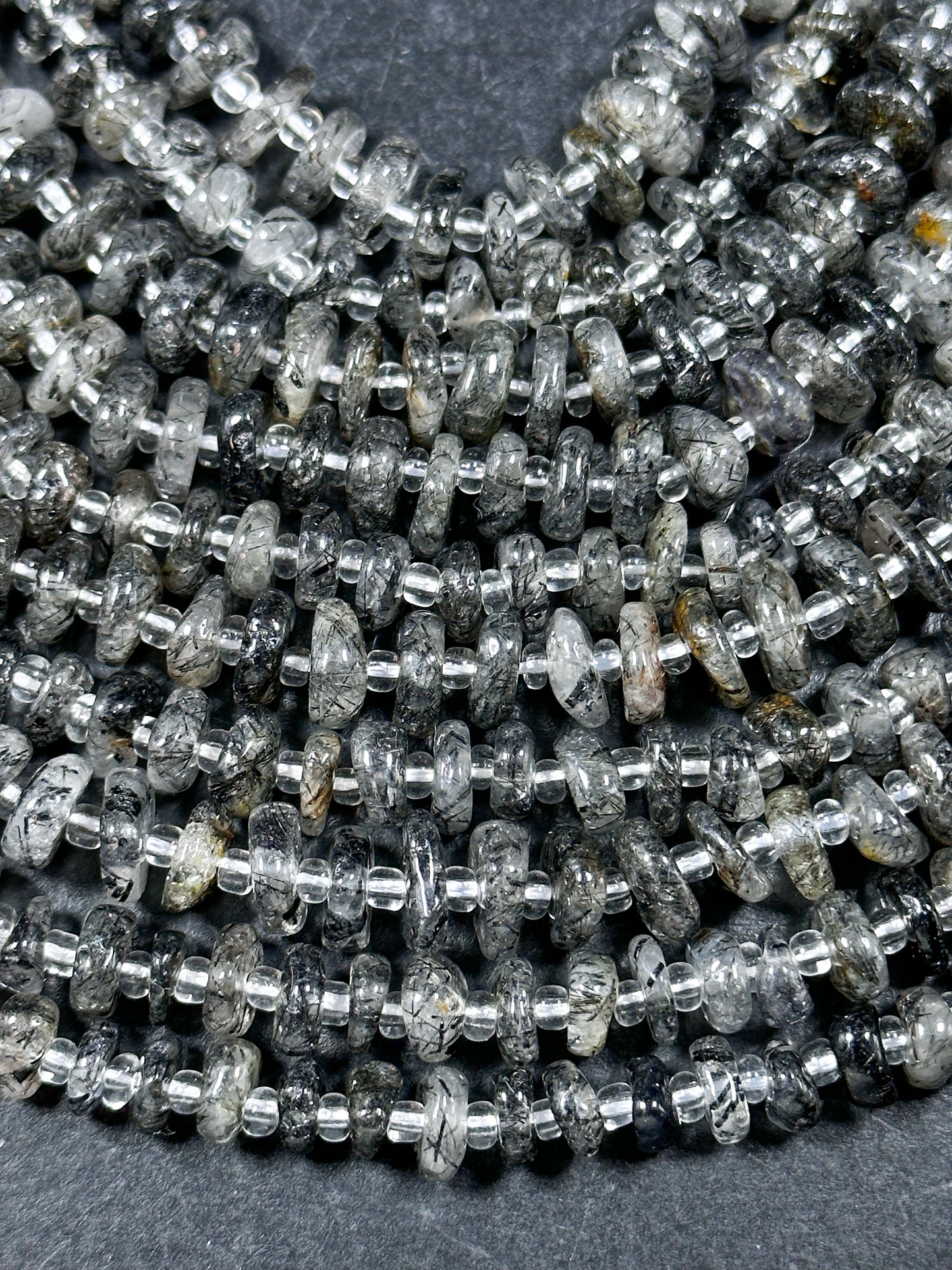 NATURAL Rutilated Quartz Gemstone Bead 7-9mm Freeform Rondelle Shape Beads, Beautiful Black Gray Color Black Hairs Loose Bead 15.5" Strand