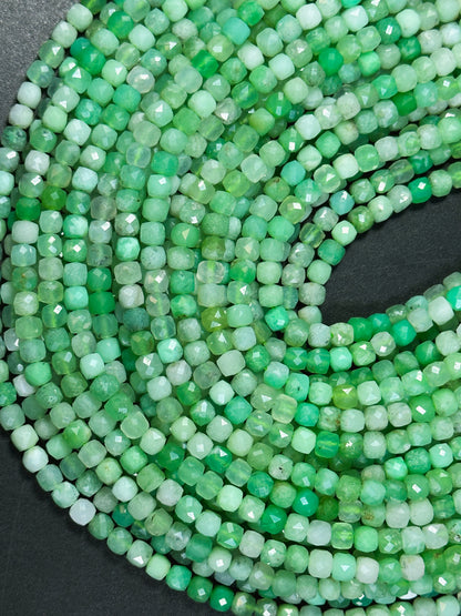 AAA NATURAL Chrysoprase Gemstone Bead Faceted 4mm Cube Shape, Gorgeous Green Color Chrysoprase Gemstone Bead Excellent Quality Beads 15.5"
