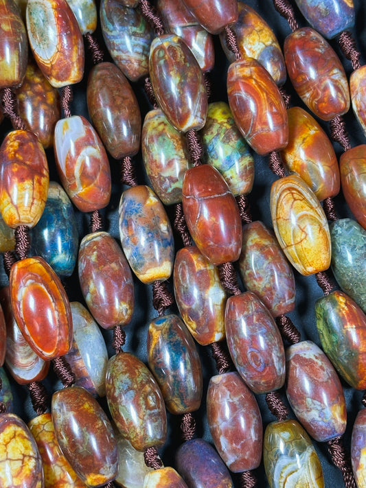 NATURAL Tibetan Agate Gemstone Bead 24x13mm Barrel Shape, Gorgeous Multicolor Orange Brown Color Tibetan Gemstone Bead Excellent Quality