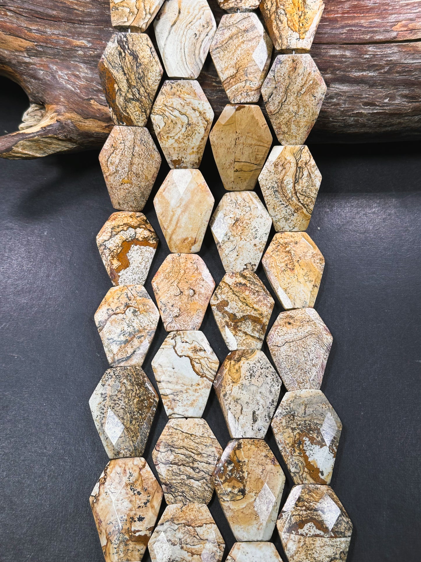 Natural Picture Jasper Gemstone Bead 35x24mm Coffin Shape Bead, Beautiful Natural Brown Beige Color Picture Jasper Bead, Full Strand 15.5"