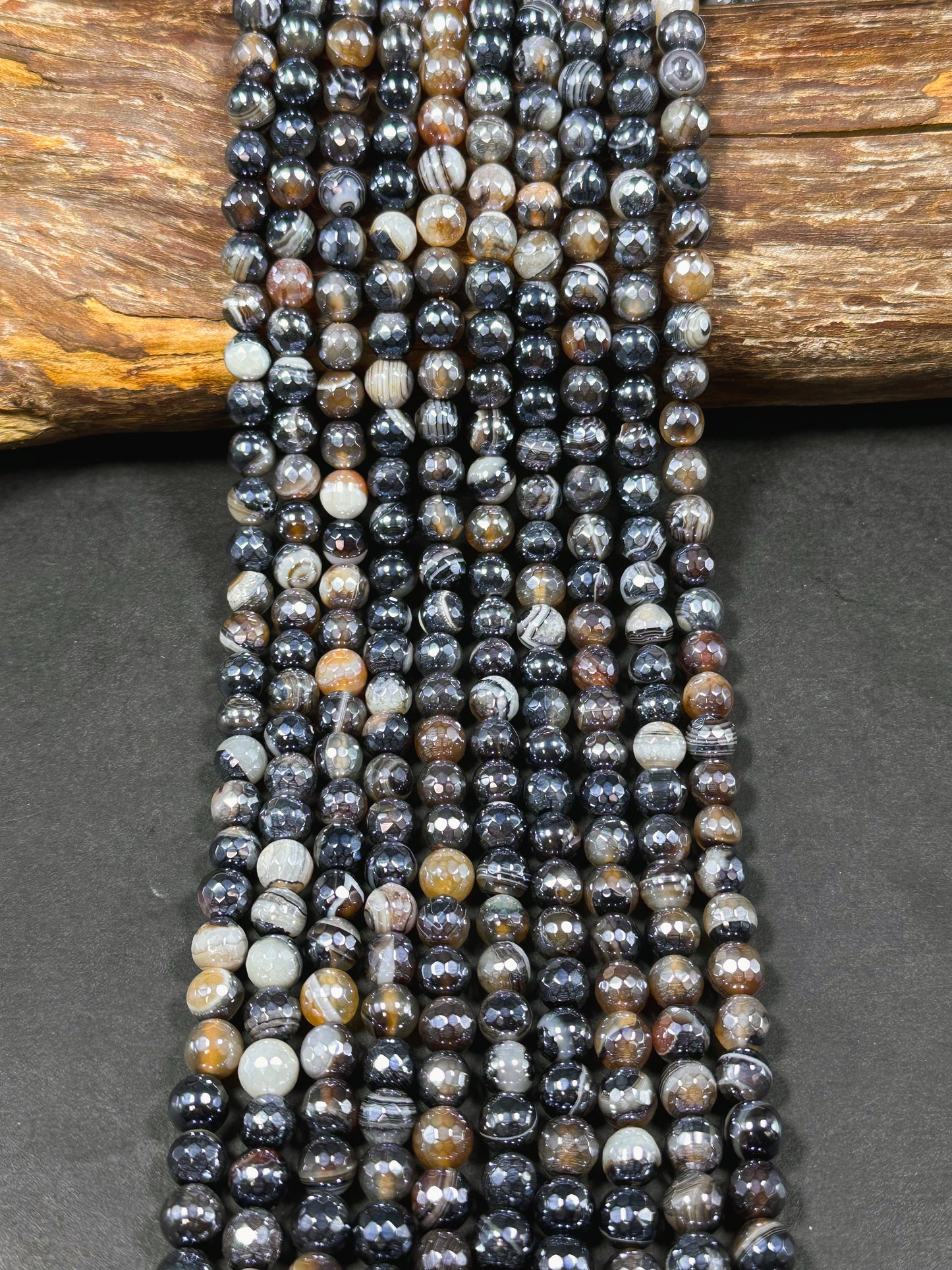 Mystic Natural Botswana Agate Gemstone Bead Faceted 8mm Round Beads, Beautiful Natural Brown Black Color Botswana Agate Stone Bead 15.5"
